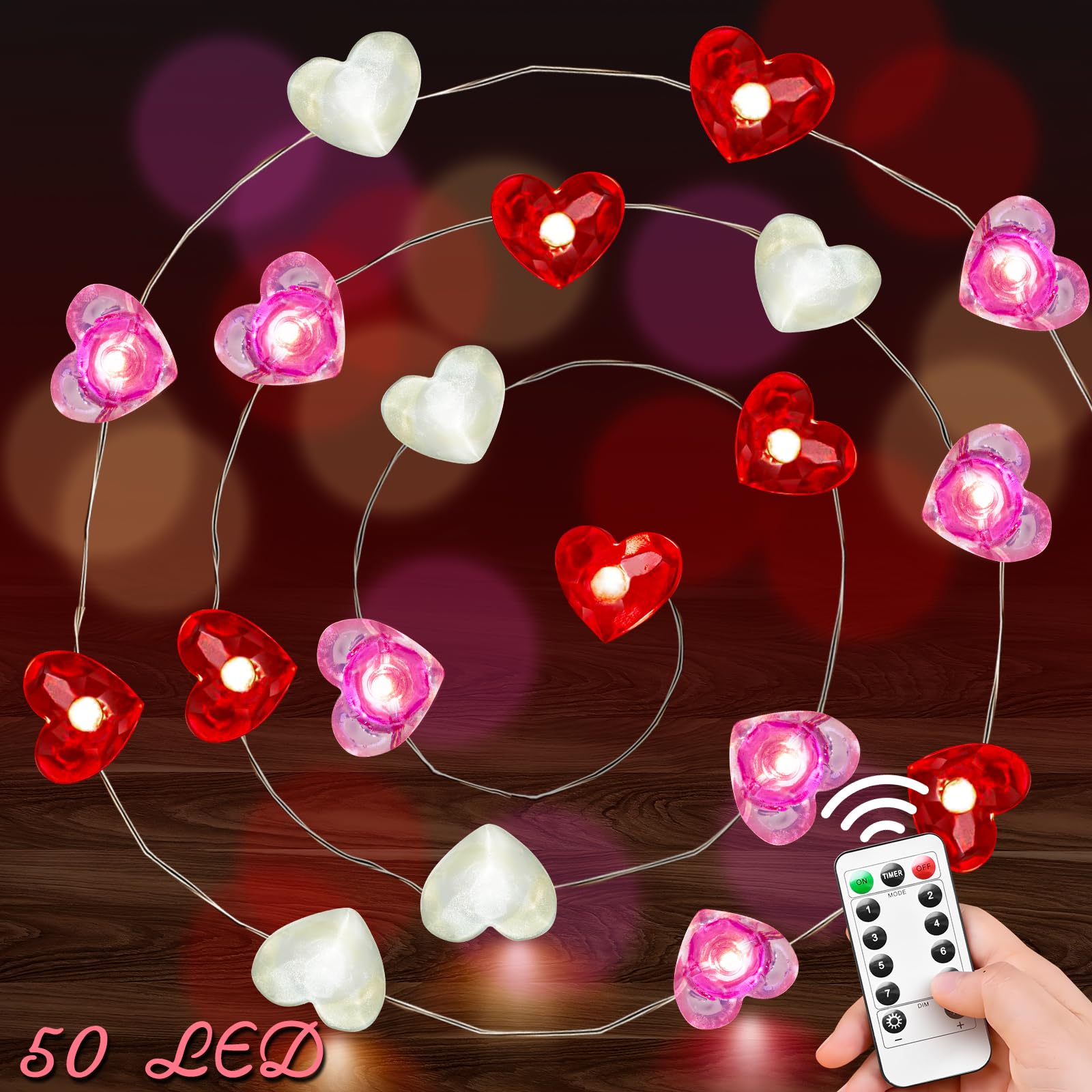 btfarm 16.4FT 50 LED Heart Shaped Fairy String Lights, Remote Timer, 8 Modes, Battery Operated, Waterproof, Pink