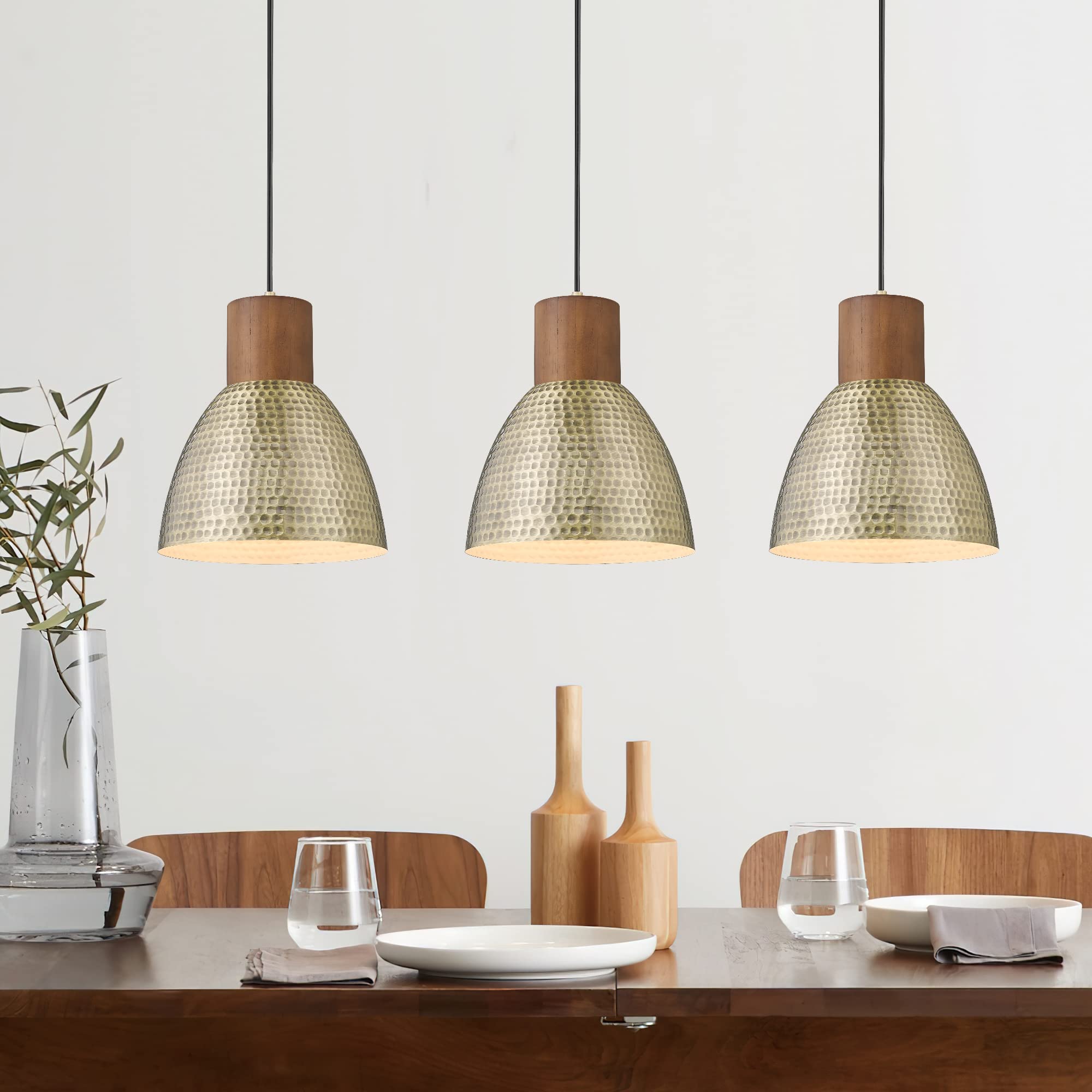 Elyona Vintage Hammered Metal Pendant Lights, Adjustable Height, Antique Gold, 3 Pack, Small