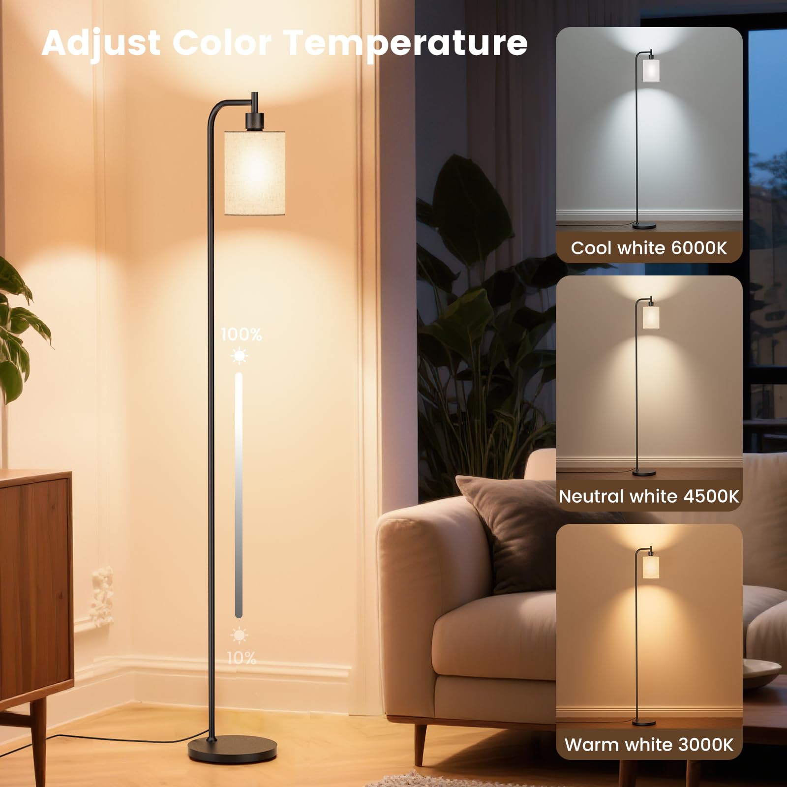 SIBRILLE Dimmable Floor Lamp with Remote Control, 3 Color Temperatures, Beige Linen Shade, Modern Design, Model BP-F072