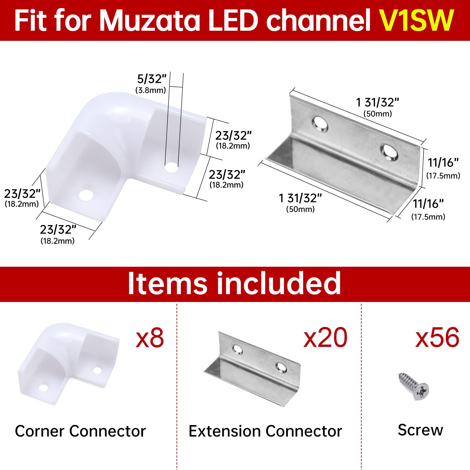 Muzata 8PACK LED Channel Corner Connector Kit L-Shape Adaptor and 20PCS Extension Connectors for V-Shape V1SW Aluminum Channel,