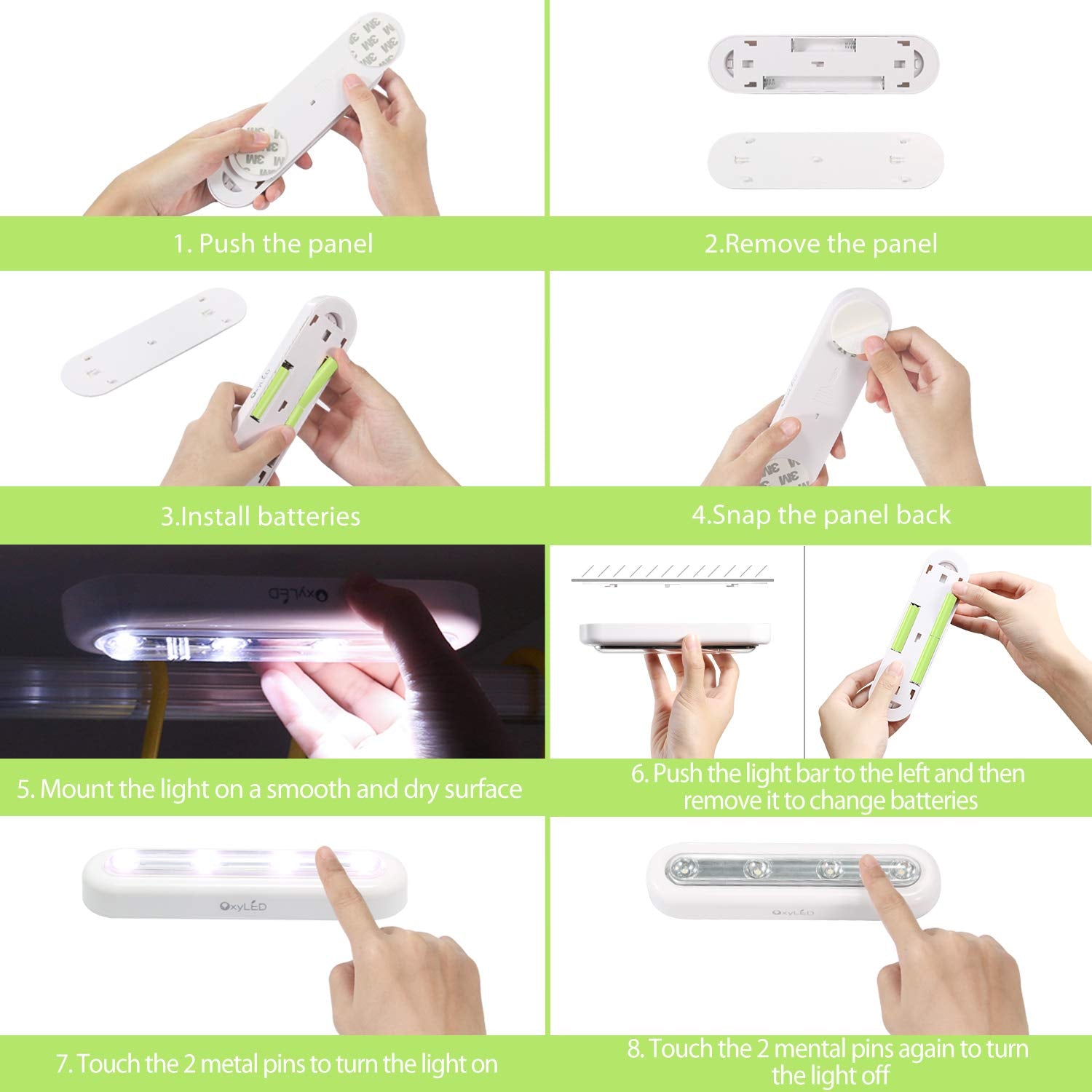 OxyLED Tap Closet Lights, Cordless LED Night Light, Touch Sensor, 4-Led, 140° Rotation, 2 Pack, White Light