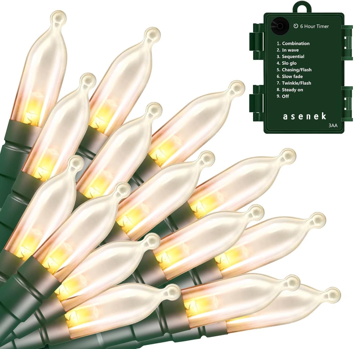 ASENEK Christmas Lights - 33ft 100LED Battery Operated String Lights, Warm White, Indoor/Outdoor, with Timer & 8 Modes, 2 Pack