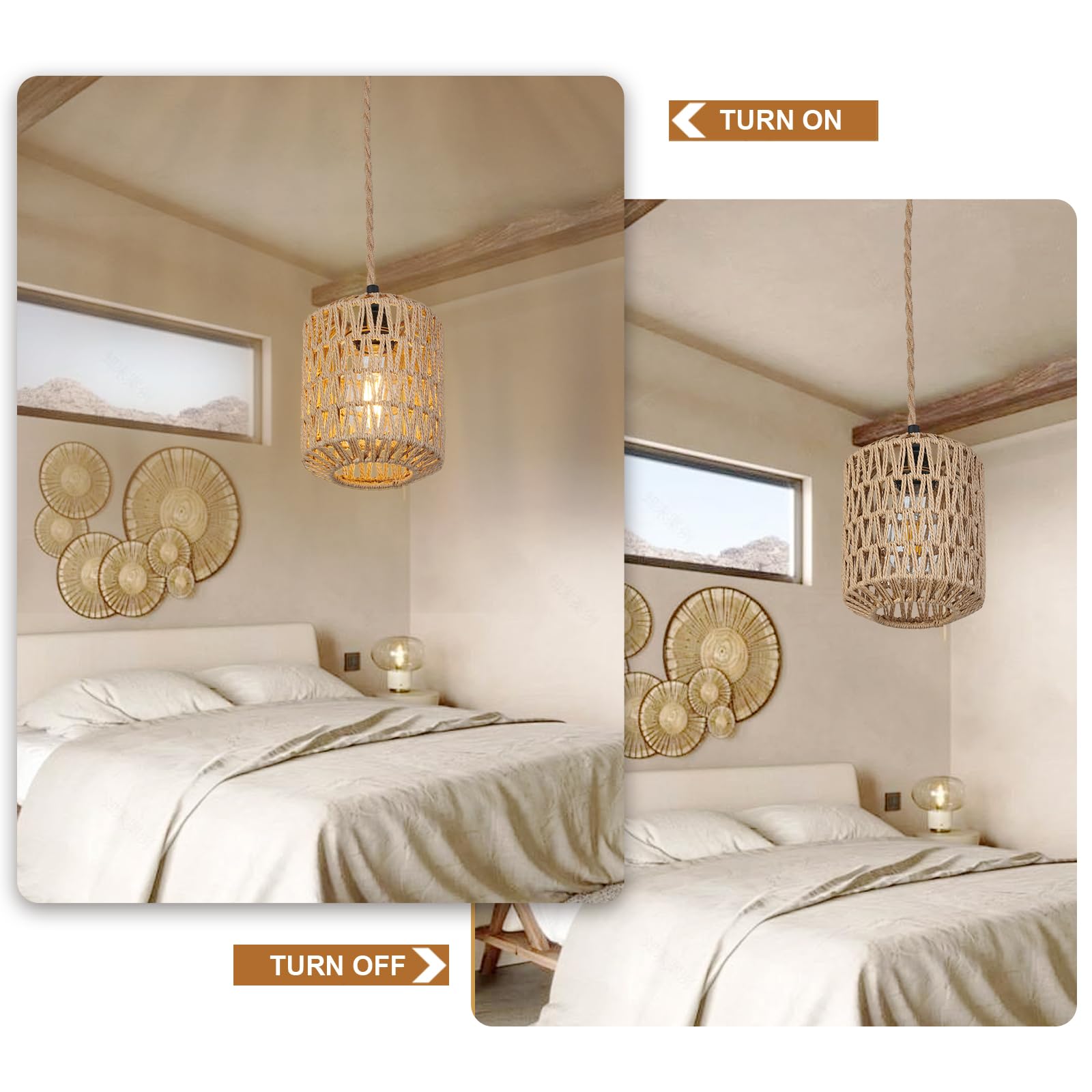Alaislyc Rattan Plug-In Pendant Light With 3 Lights & On/Off Switch - Boho Wicker Chandelier