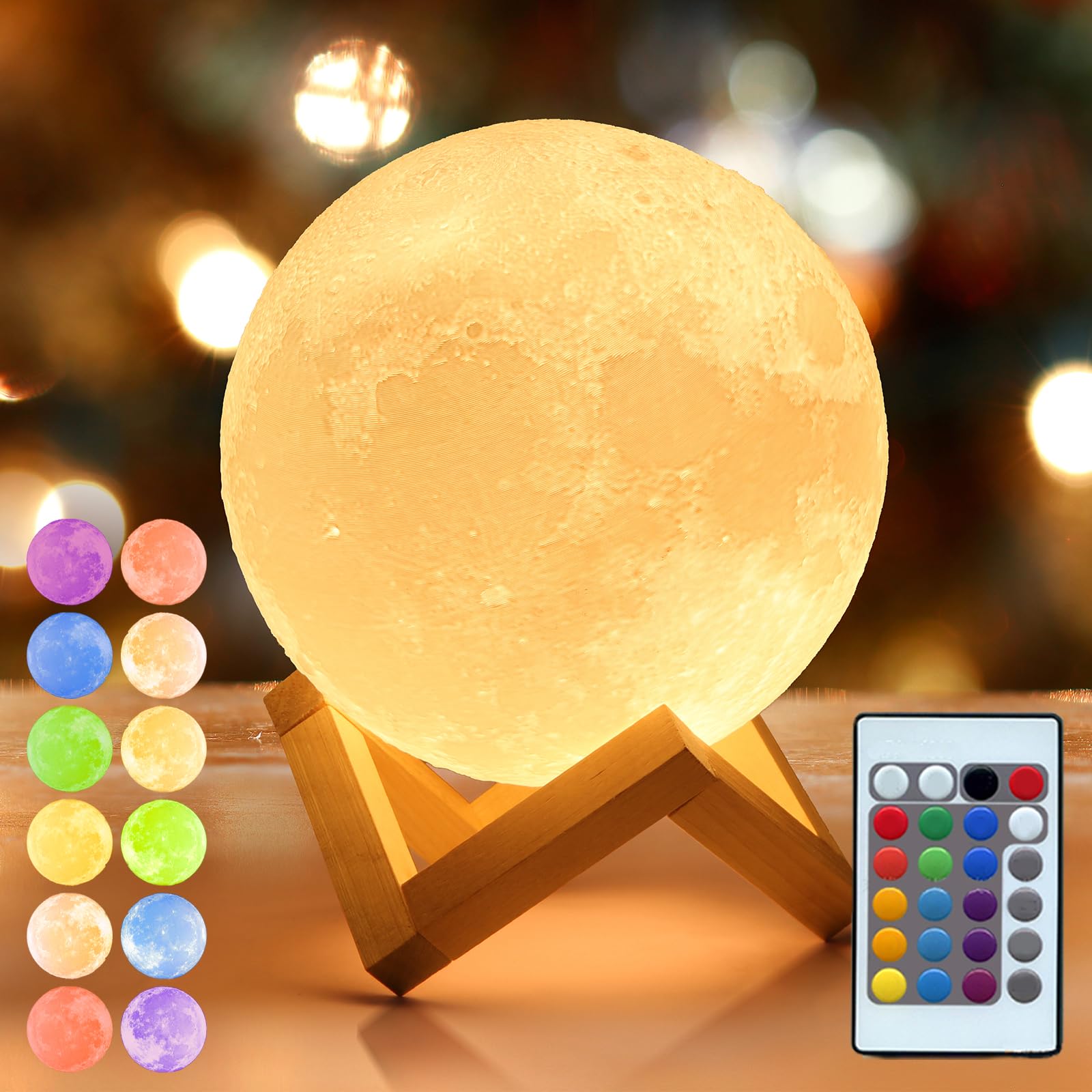 Mydethun Moon Lamp 148 Combination - Home Décor, Party Light with Brightness Control, Christmas LED Night Light, Bedroom, Meditation, Birthday Gift, with Remote Control and Wooden Base, 4.7"
