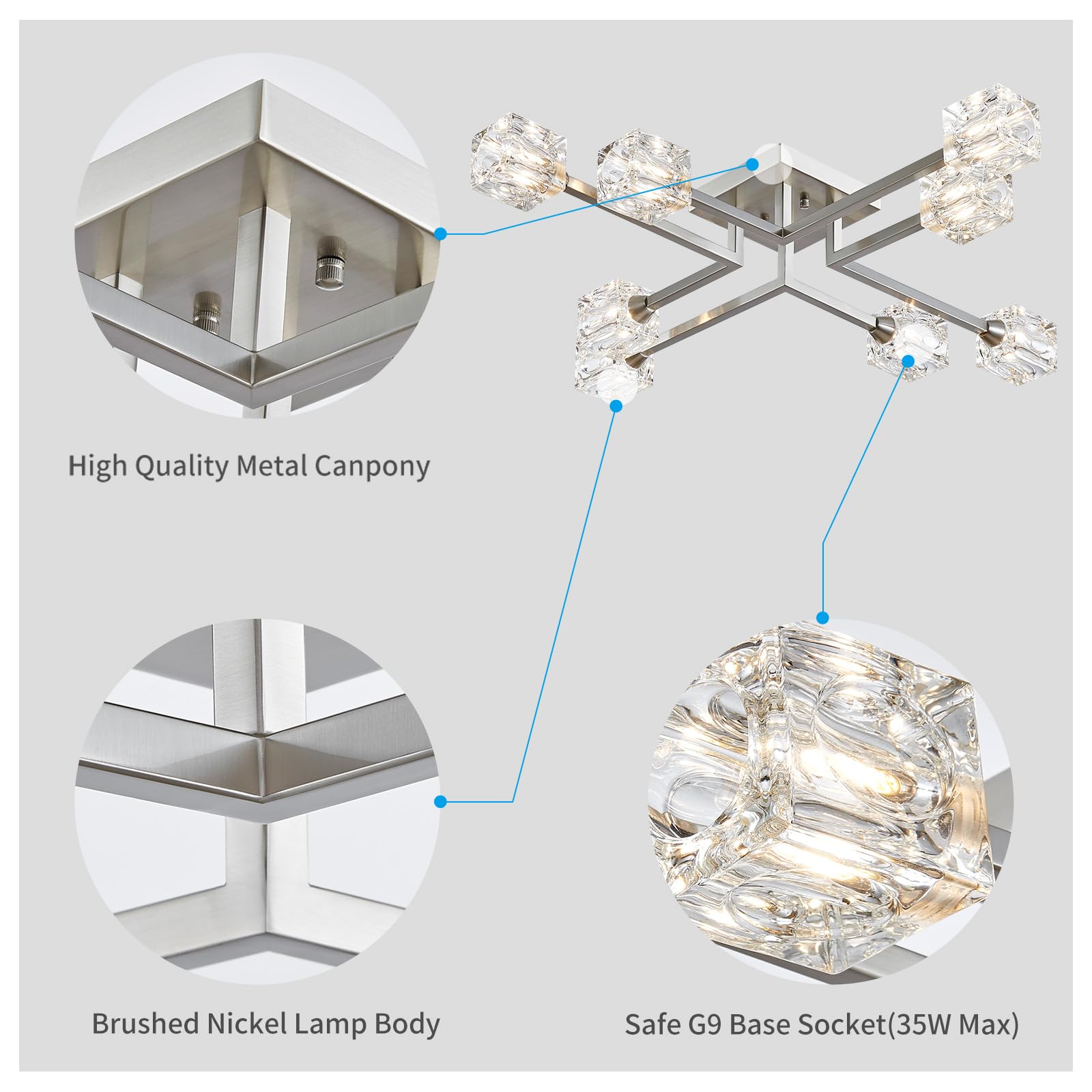 Xingqi 8-Lights Semi Flush Mount Ceiling Light Fixture, Modern Chandelier Brushed Nickel Lighting Fixtures Sputnik Chandeliers F