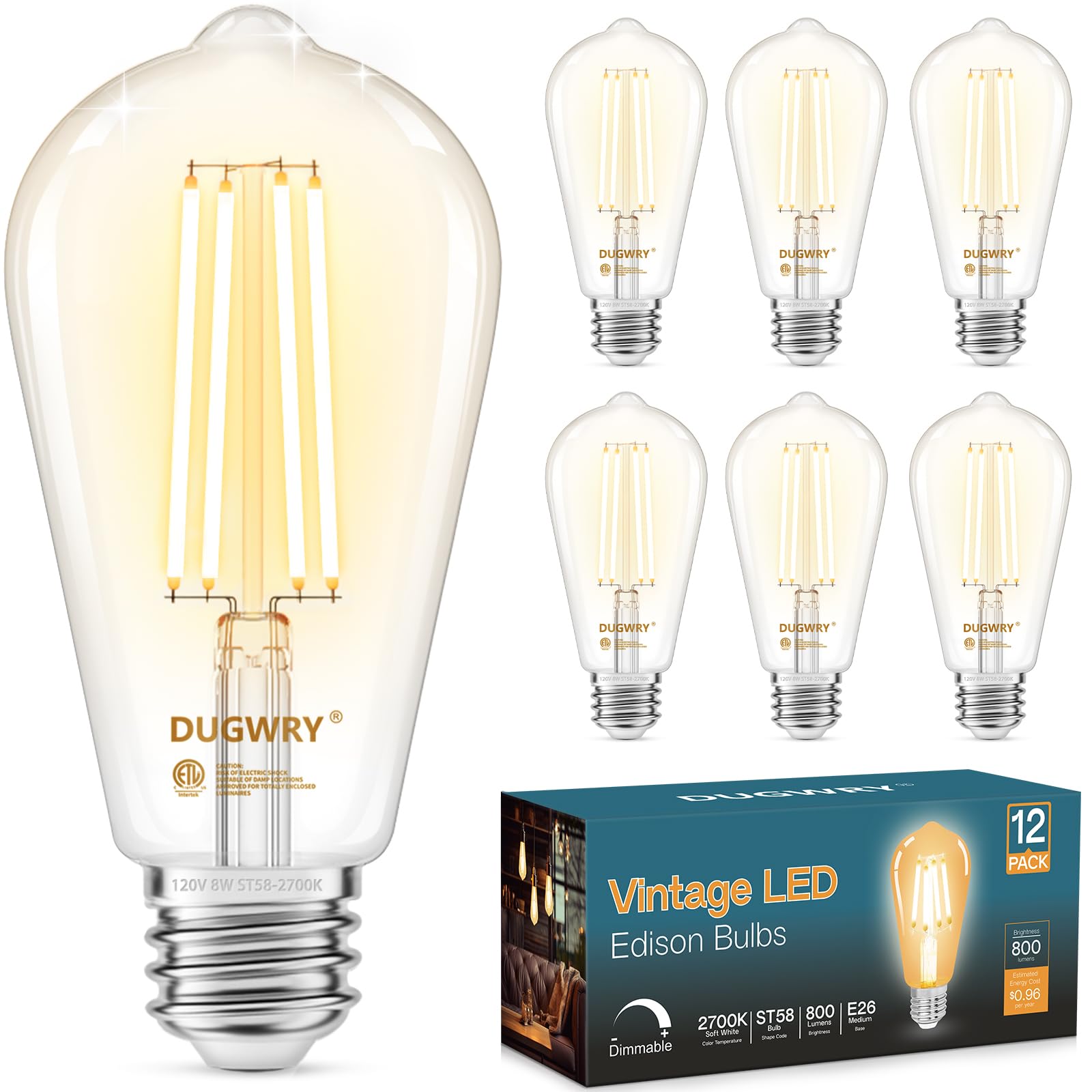Dugwry 6 Pack Vintage Led Edison Bulbs, Dimmable E26 Led Bulb Equivalent 60W, 2700K Warm White, 800Lm, 8 W St58 Antique Led Fila
