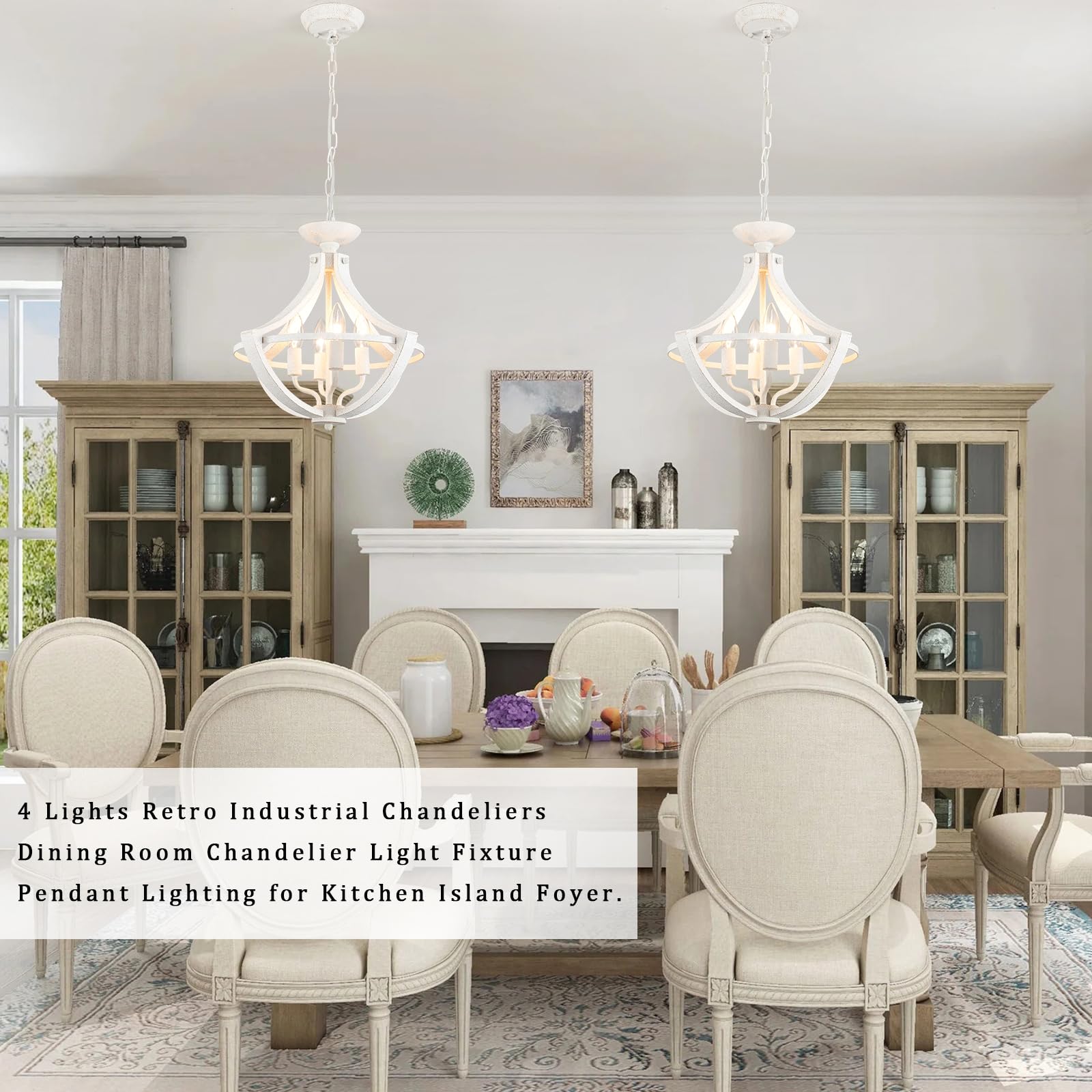 4-Lights French Country Chandelier Farmhouse Chandelier Handmade Semi Flush Mount Ceiling Light Fixture Wood Chandelier Pendant Light White Chandeliers For Entryway Foyer Hallway Kitchen Dining Room