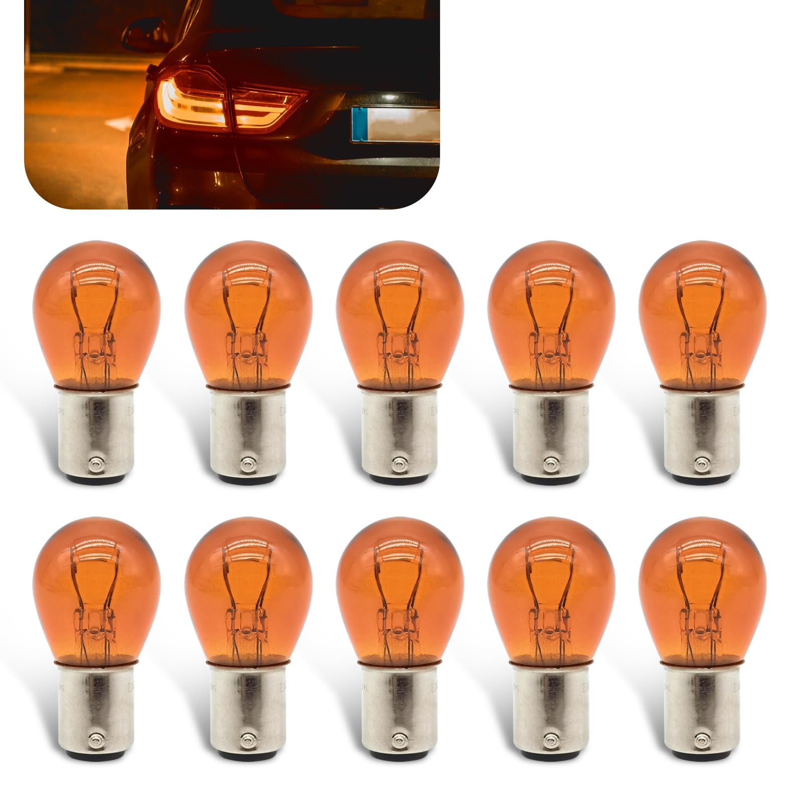 Flygun 1157 P21/5W S25 BAY15D Bulbs, Amber, 10 PCS, Glass, Double Tail High/Low Brake Lamp, Universal Replacement