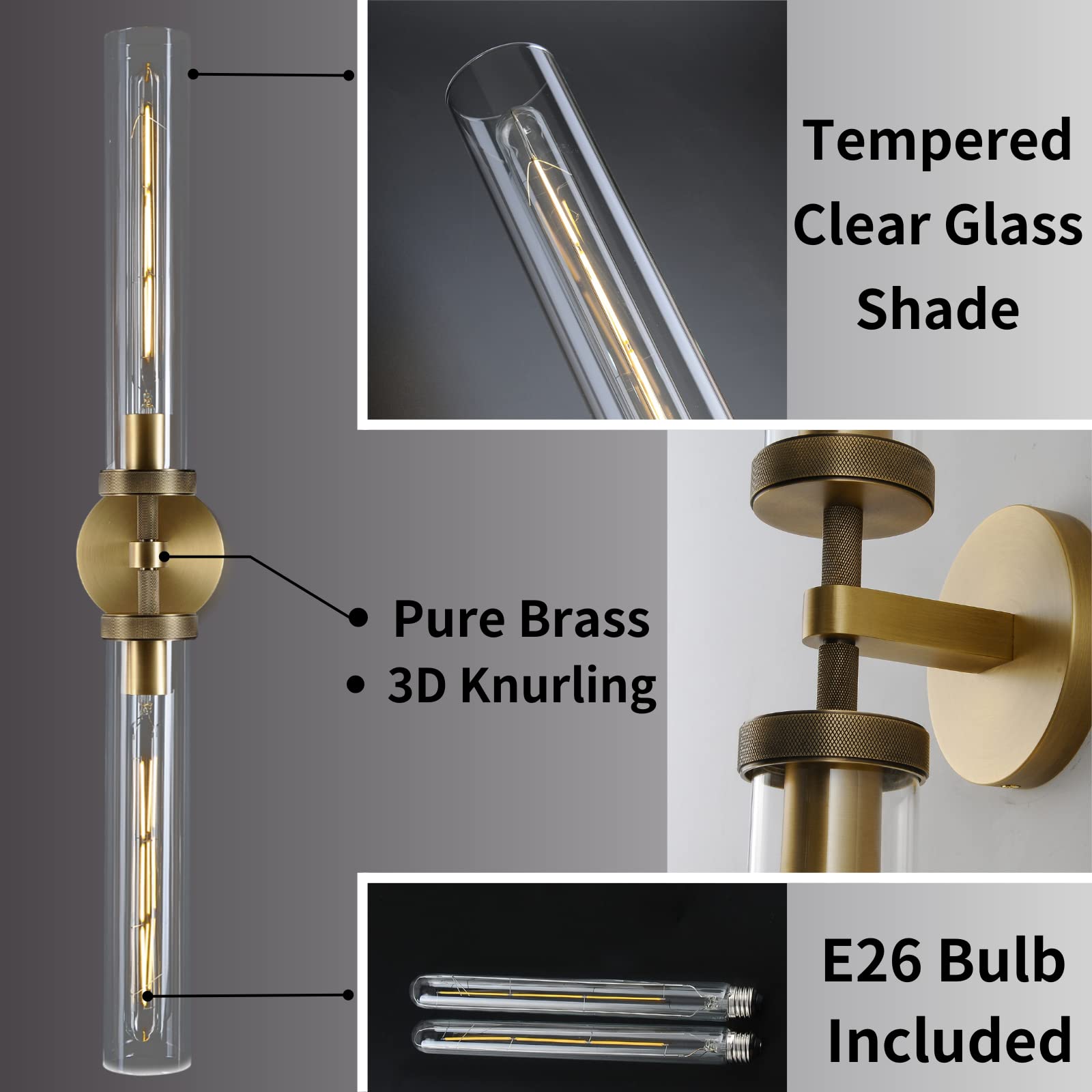 ZHTIECHUI Brass Gold 2-Light Wall Sconces, 30in Double Glass Bathroom Vanity Light, Model Gold-sconces