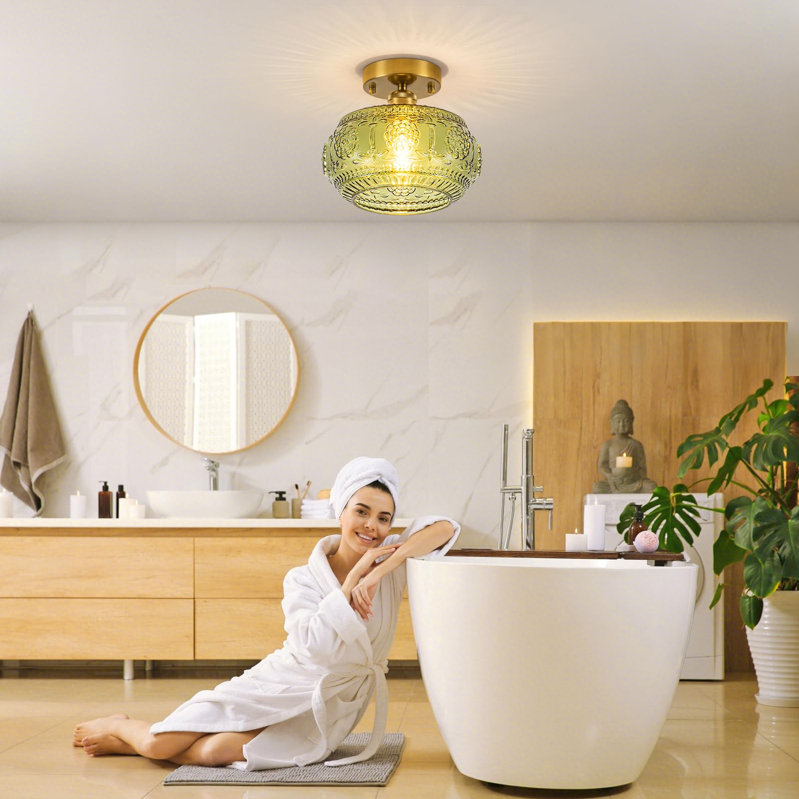 Tbaoinla Semi Flush Mount Ceiling Light Fixture - Brass & Gold Floral Design  Green Glass Shade  Vintage Modern Lighting For Kitchen  Bathroom  Entryway (Bulb Not Included)