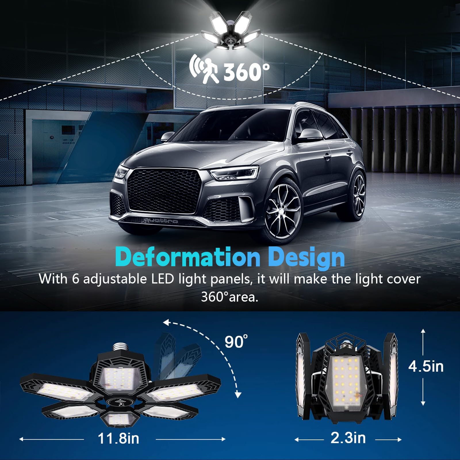 Myteaworld 2 Pack Motion Sensor Garage Light  15000Lm Ultra Led Shop Light Motion Activated  6500K Daylight  150W Deformable Garage Lighting For Attic  Workshop  Laundry Room  Basement(E26/E27 Screw)
