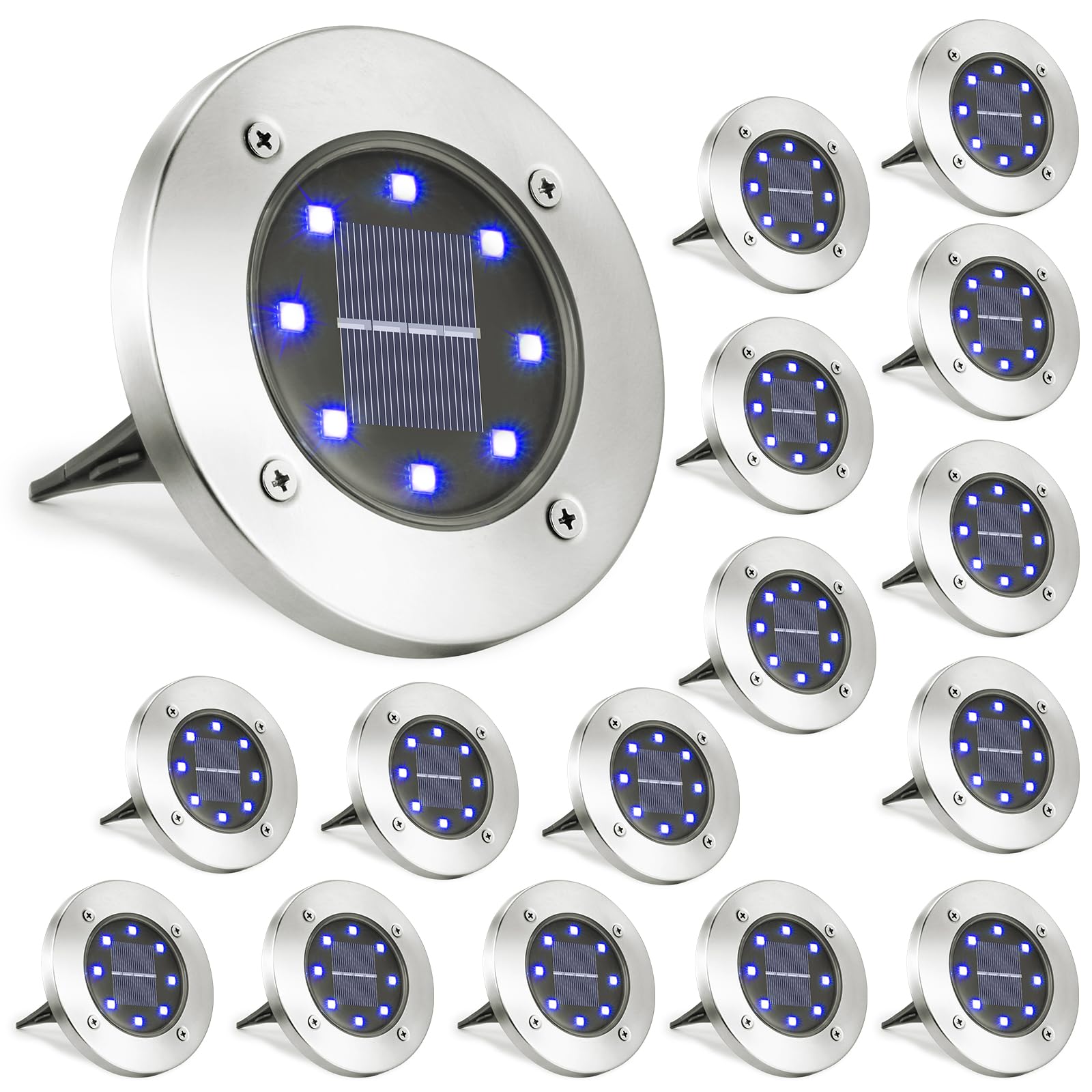 LYHOPE Solar Ground Lights Outdoor, 16 Pack 8 LED Solar Disk Lights Waterproof Garden In-ground Pathway Lights Landscape Lightin