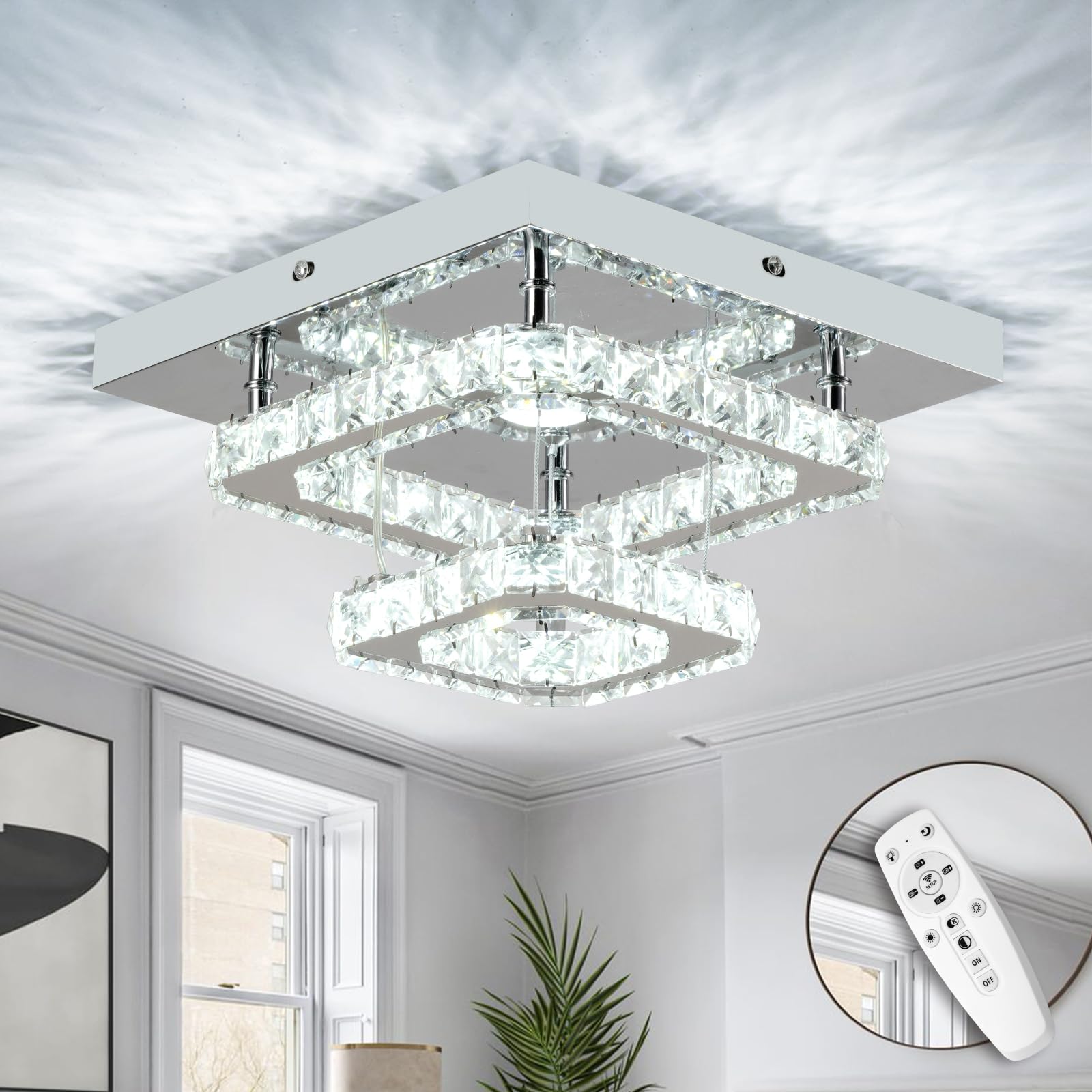 Rheafon 9.8 Inch Modern Crystal Chandeliers Dimmable Led Crystal Ceiling Light Fixtures Square Flush Mount Ceiling Chandelier Li