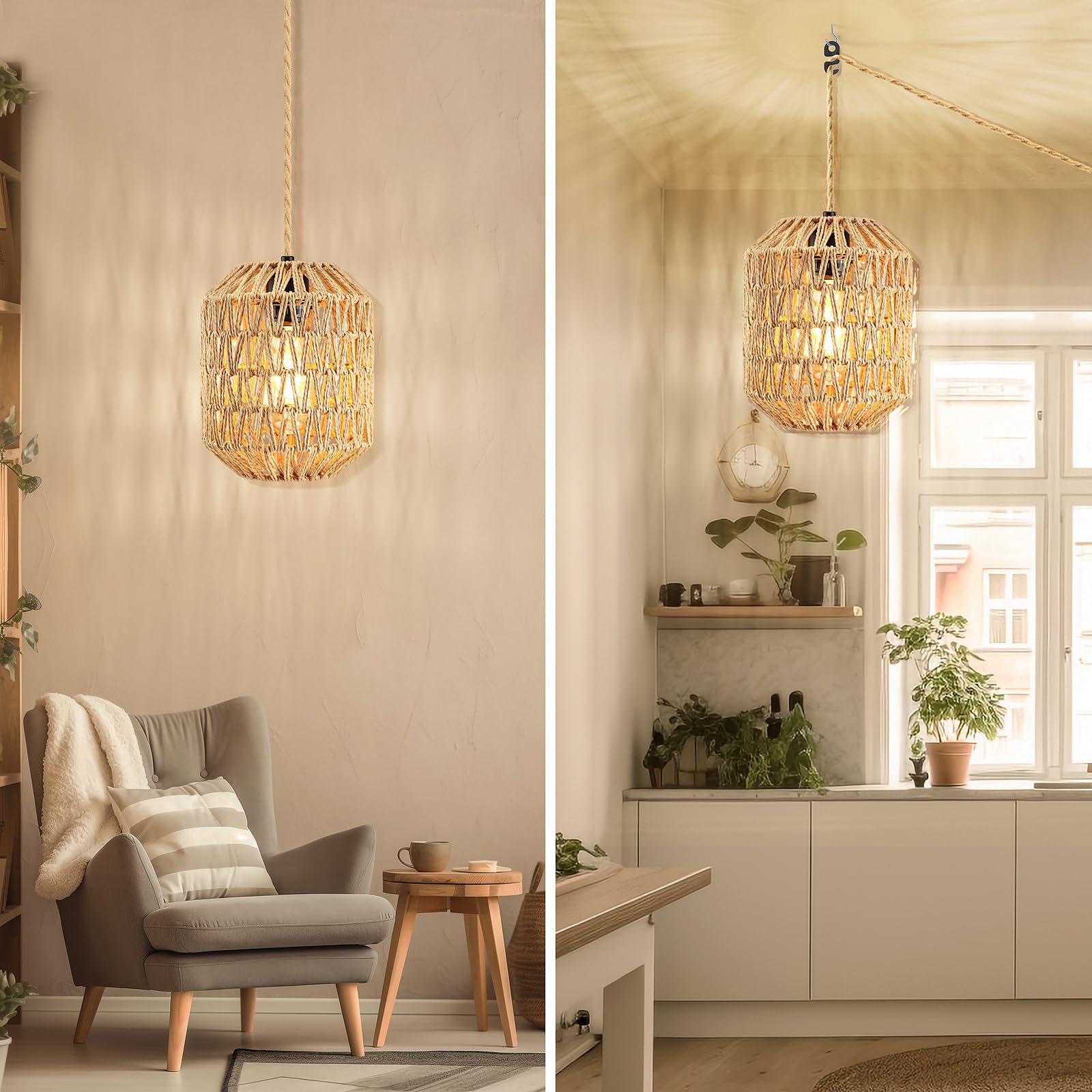 Plug In Pendant Light, 15Ft Hemp Rope Cord,Hanging Lights With Plug In Cord Dimmable Rattan Hanging Lamp Wicker Woven Basket Lampshade, Industrial Plug In Ceiling Light Fixture For Kitchen (Brown)