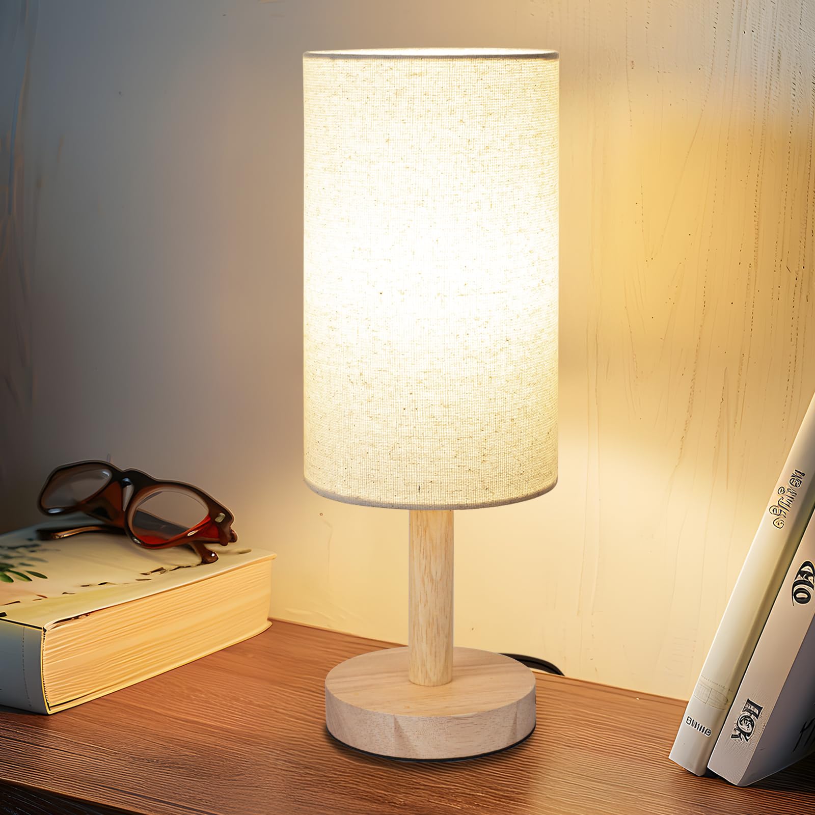 LALISU Small Table Lamp, Beige Shade + Wood Base, 17 x 4.7 x 5.9 inches, Model LALISULALITTB04, LED Bulb