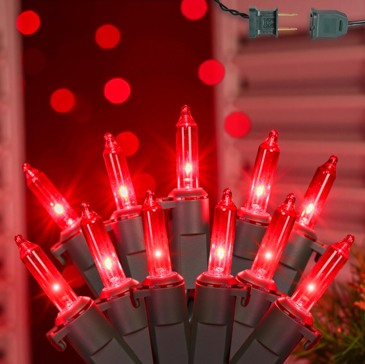 ooLALoo 2Pack Red Christmas Lights, 13FT 50-Count Incandescent Halloween Mini Light with Green Wire, UL Certified Connectable Va