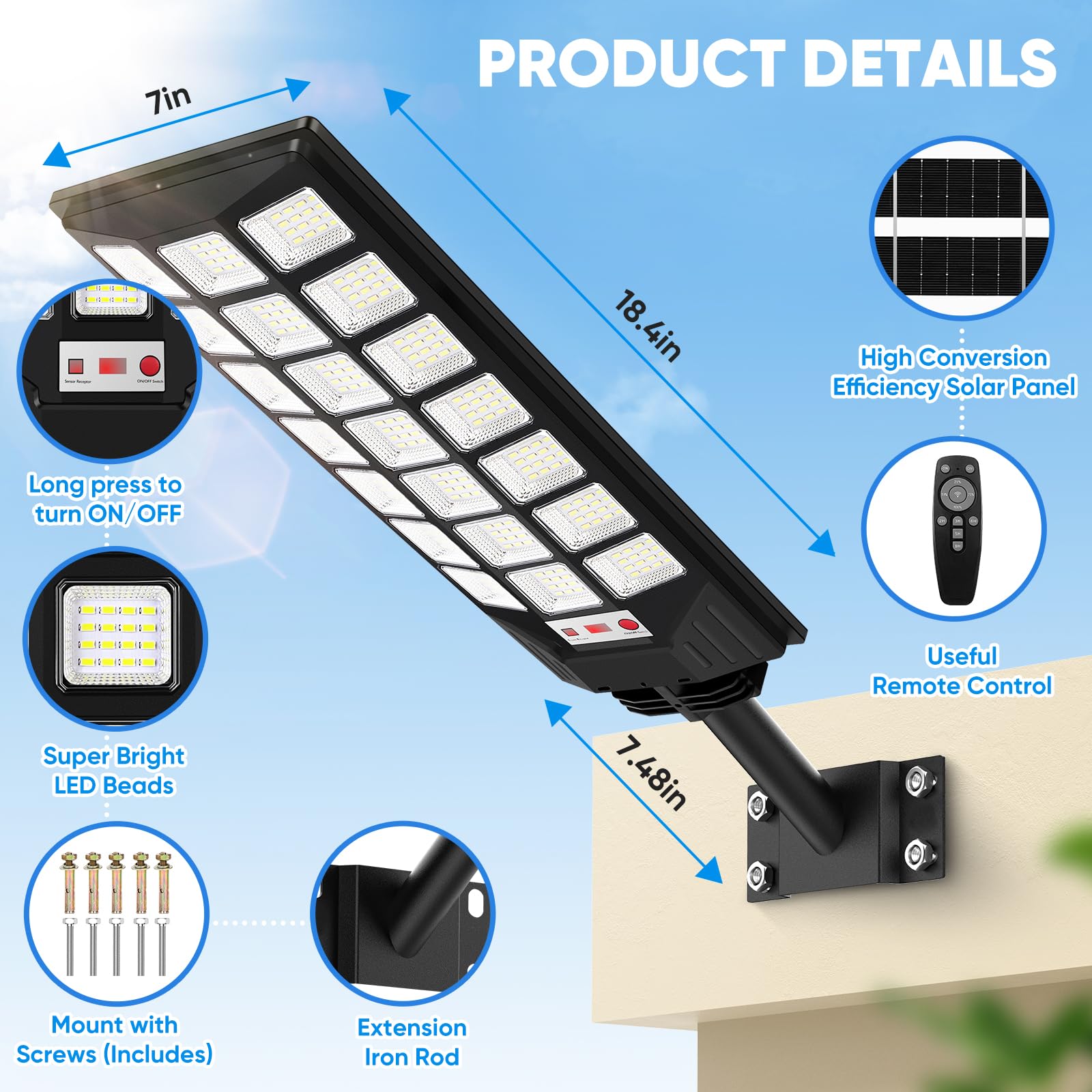 Solar Street Lights Outdoor, 32000Lm 8500K Waterproof Motion Sensor Solar Powered Flood Lights With Remote Control, Dusk To Dawn