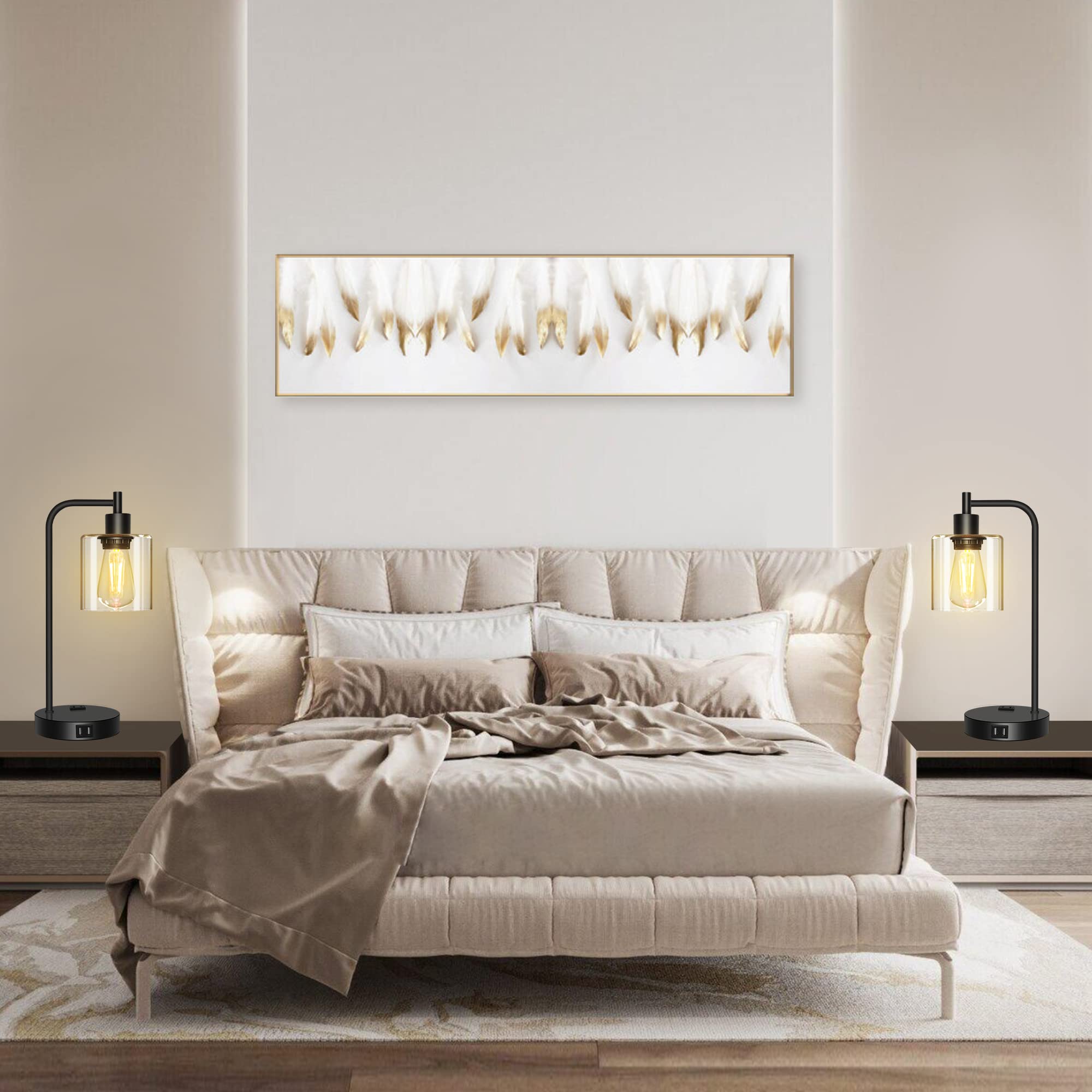 QiMH 3-Way Dimmable Touch Control Table Lamp with 2 USB Ports & AC Outlet, Black Glass Desk Lamp for Bedroom & Office