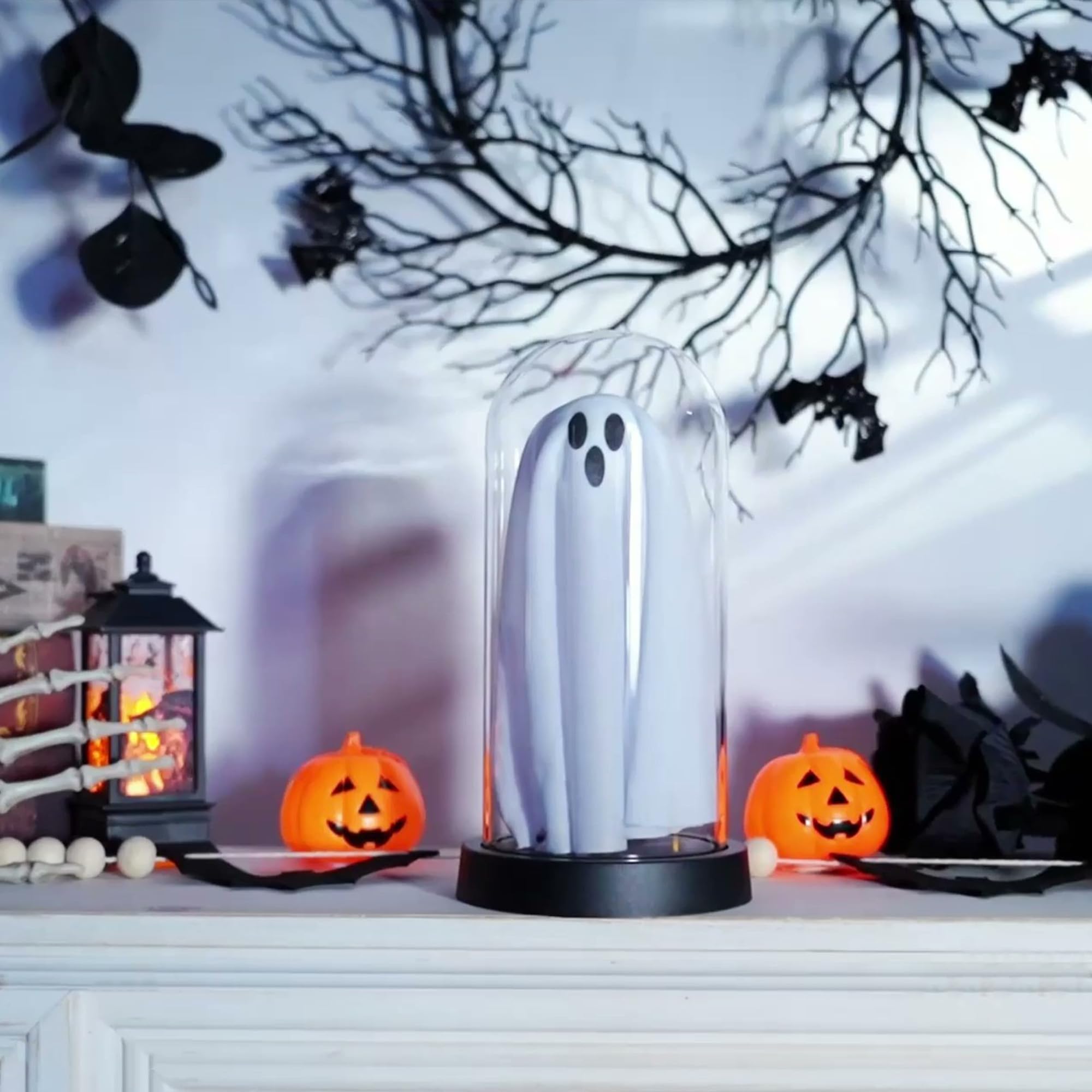 Sladpoem Light Up Ghost In Removable Glass Dome  Cute White Spirit Decoration For Winter Tabletop  Cozy Home Accent  Holiday Night Light For Mantel  Bedroom Or Office Decor