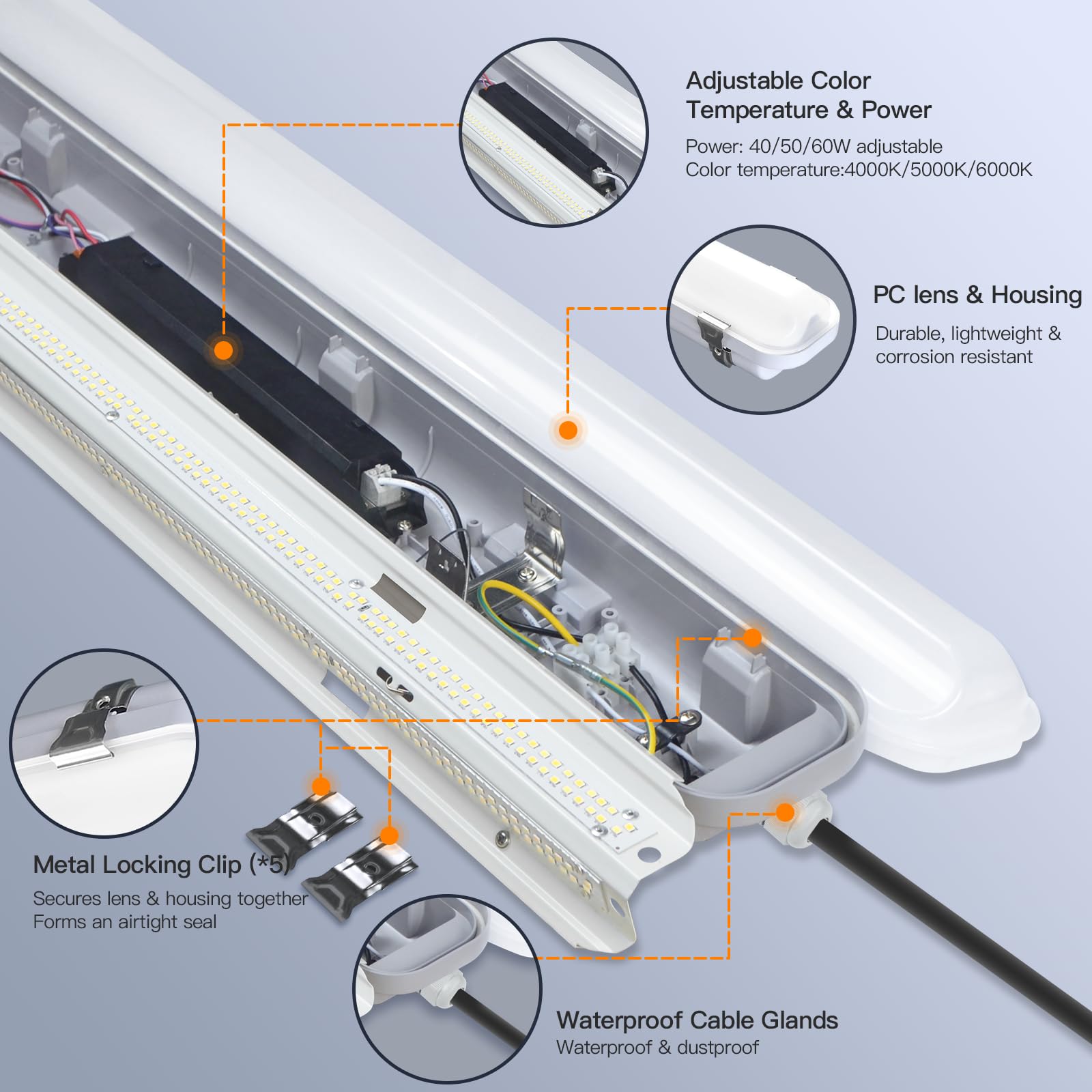 Jtt Led Vapor Tight Light 60W/50W/40W 7800Lm (180W Eq.), Waterproof Led Outdoor Shop Light 6000K/5000K/4000K Ip65 Vapor Proof Fi