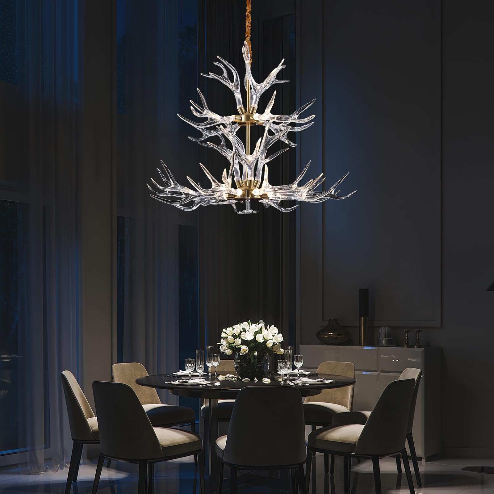 RinkBik Acrylic Antler Chandelier Ceiling Light Fixtures, Deer Antler Chandelier Lighting, Resin Antlers Pendant Light for Dinin