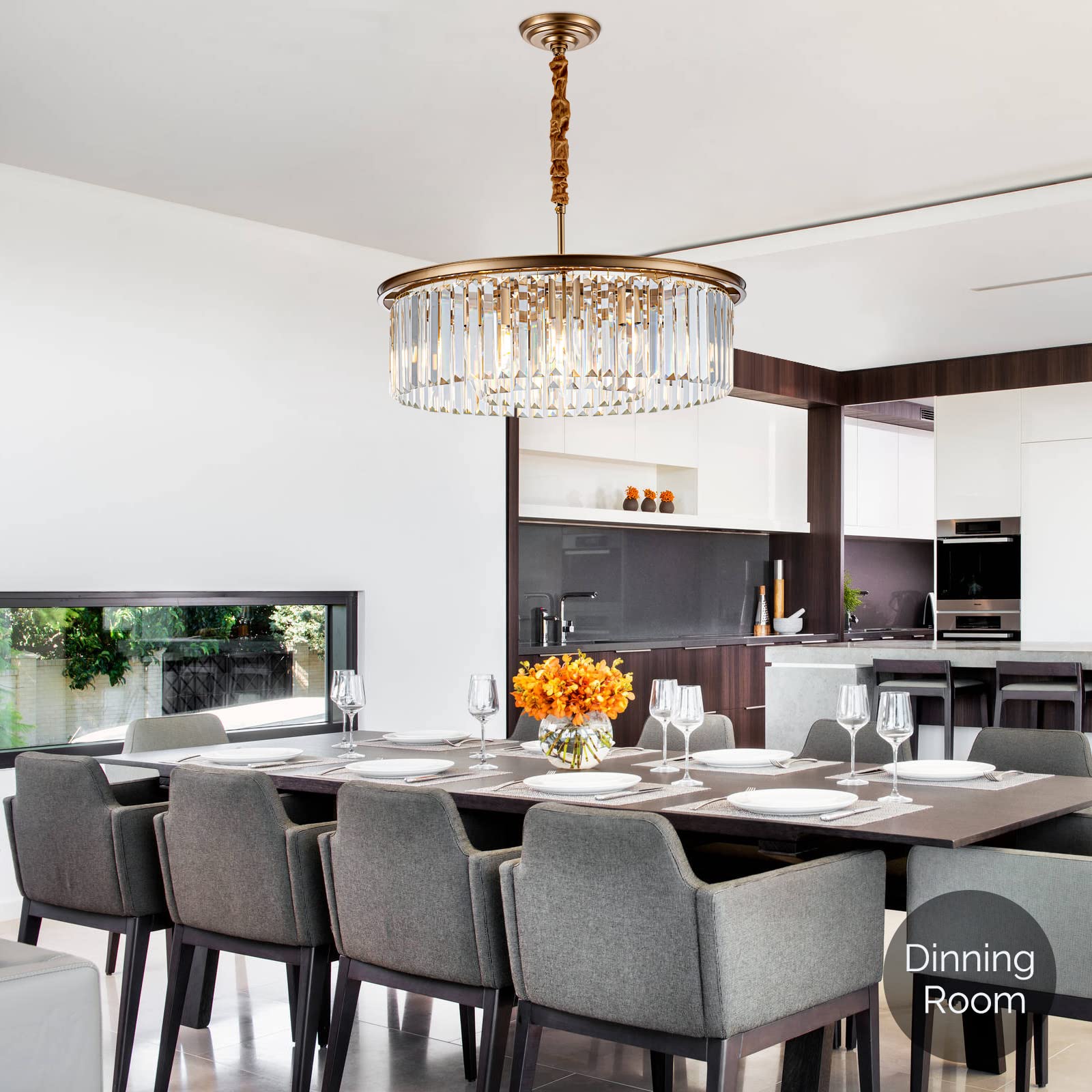 Faibra 23" Gold Crystal Chandelier 8-Light Modern Crystal Pendant Ceiling Light 2-Rings Luxury Chandeliers,For Dining Room Kitchen Island Living Room Bedroom