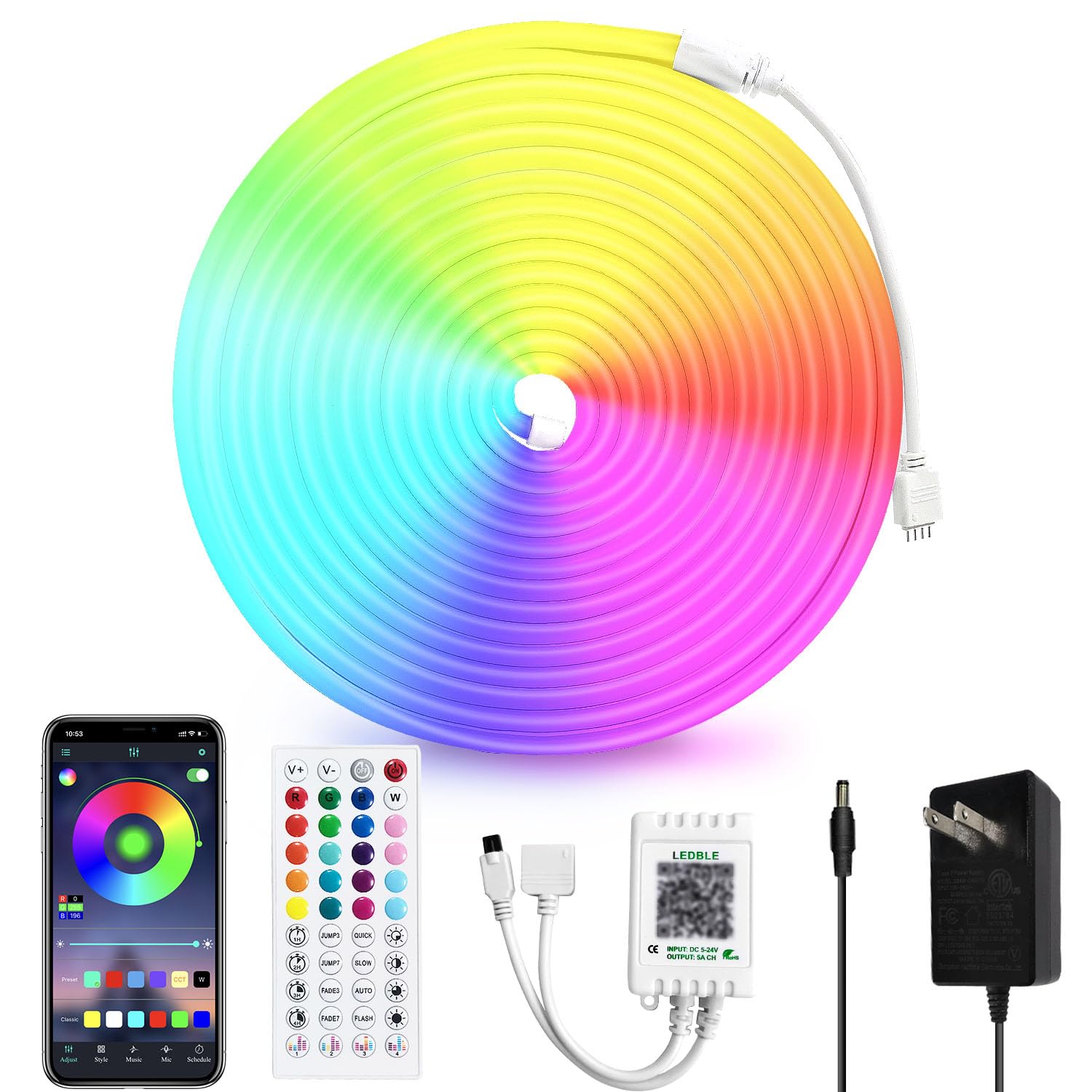 segrass 32.8ft 24V RGB LED neon Rope Lights LED neon Lights with Remote Control APP Control IP65 Waterproof Flexible Neon LED St