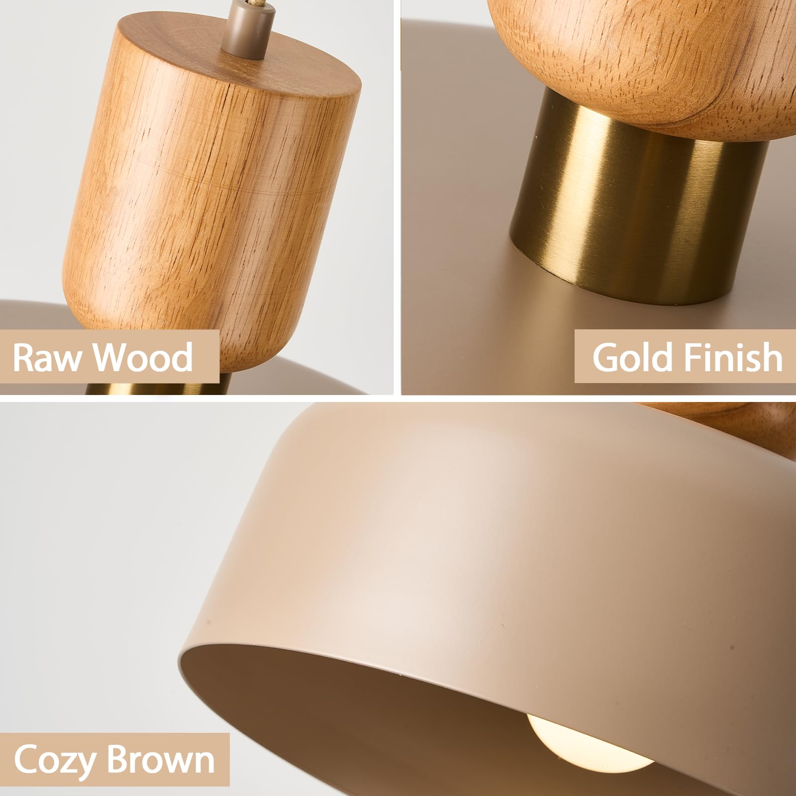 Tehenoo Contemporary Pendant Lights With Wood Cap, Brass Accent, 12 Inch Light Brown Metal Shade,For Kitchen, Dining Room, Cafe