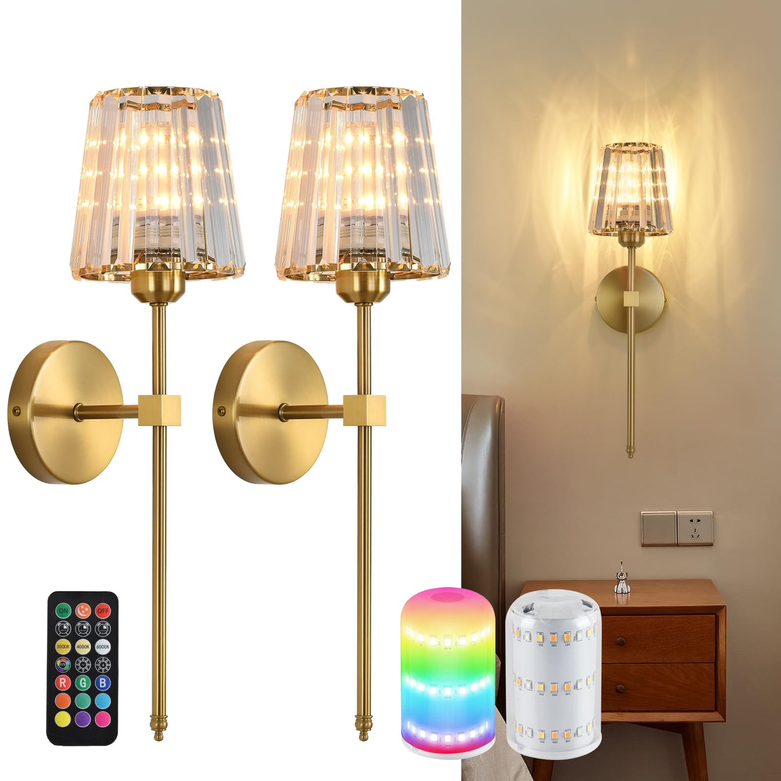 ZEBALINE Battery Operated Crystal Wall Sconces, Gold, USB Rechargeable LED Bulbs, Dimmable, Set of 2, Model BD6802-CD