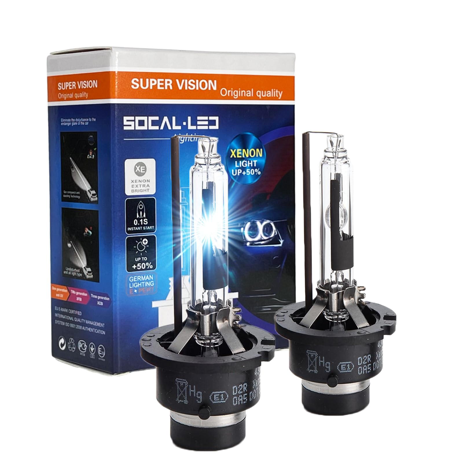 SOCAL-LED 2x D2R HID Bulbs 35W AC Xenon Headlight Replacement 4300K OEM White Metal