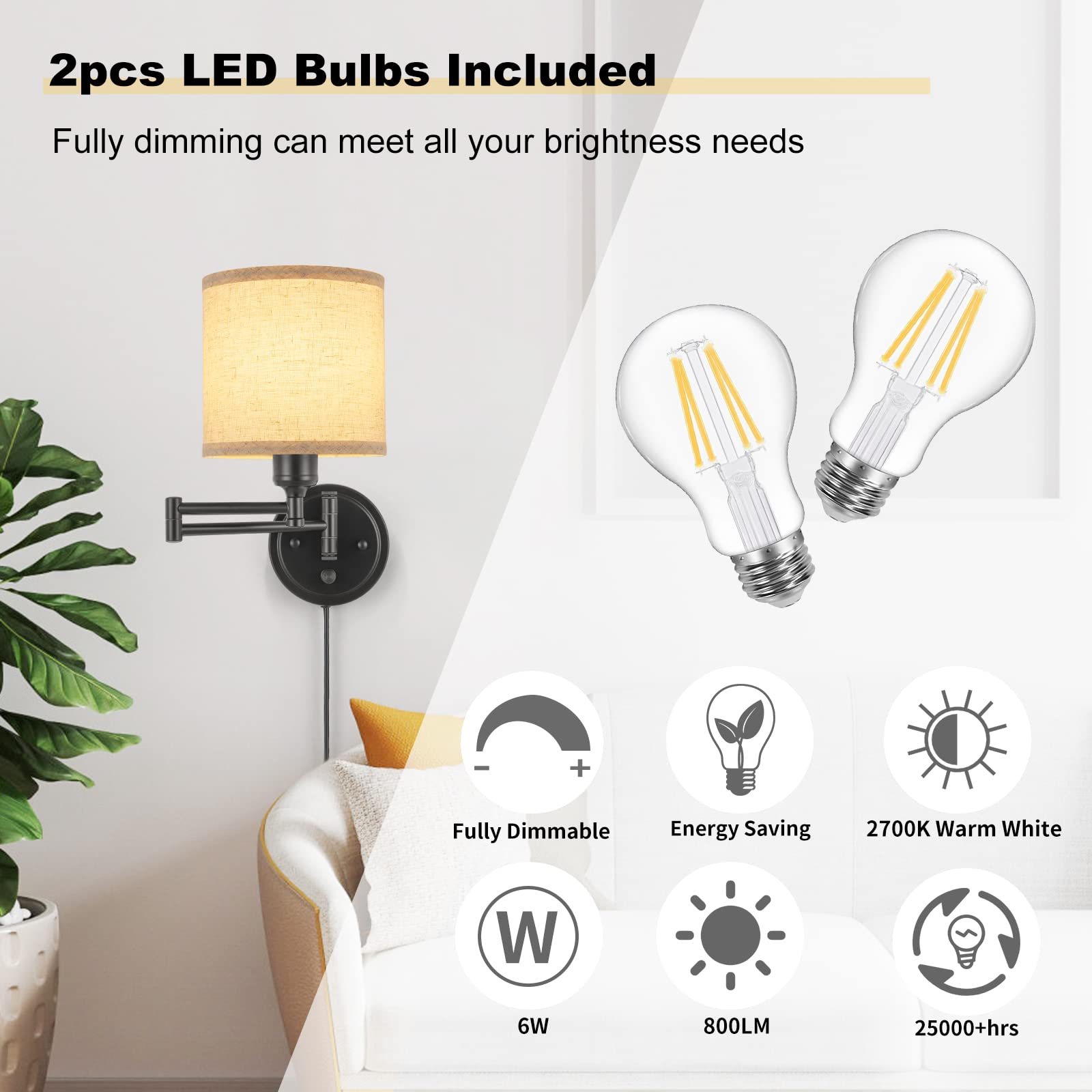 GOODATE Dimmable Plug-in Wall Sconces Set of 2, Linen Fabric Shade, Swing Arm Lamp, Model BZ-2PACK