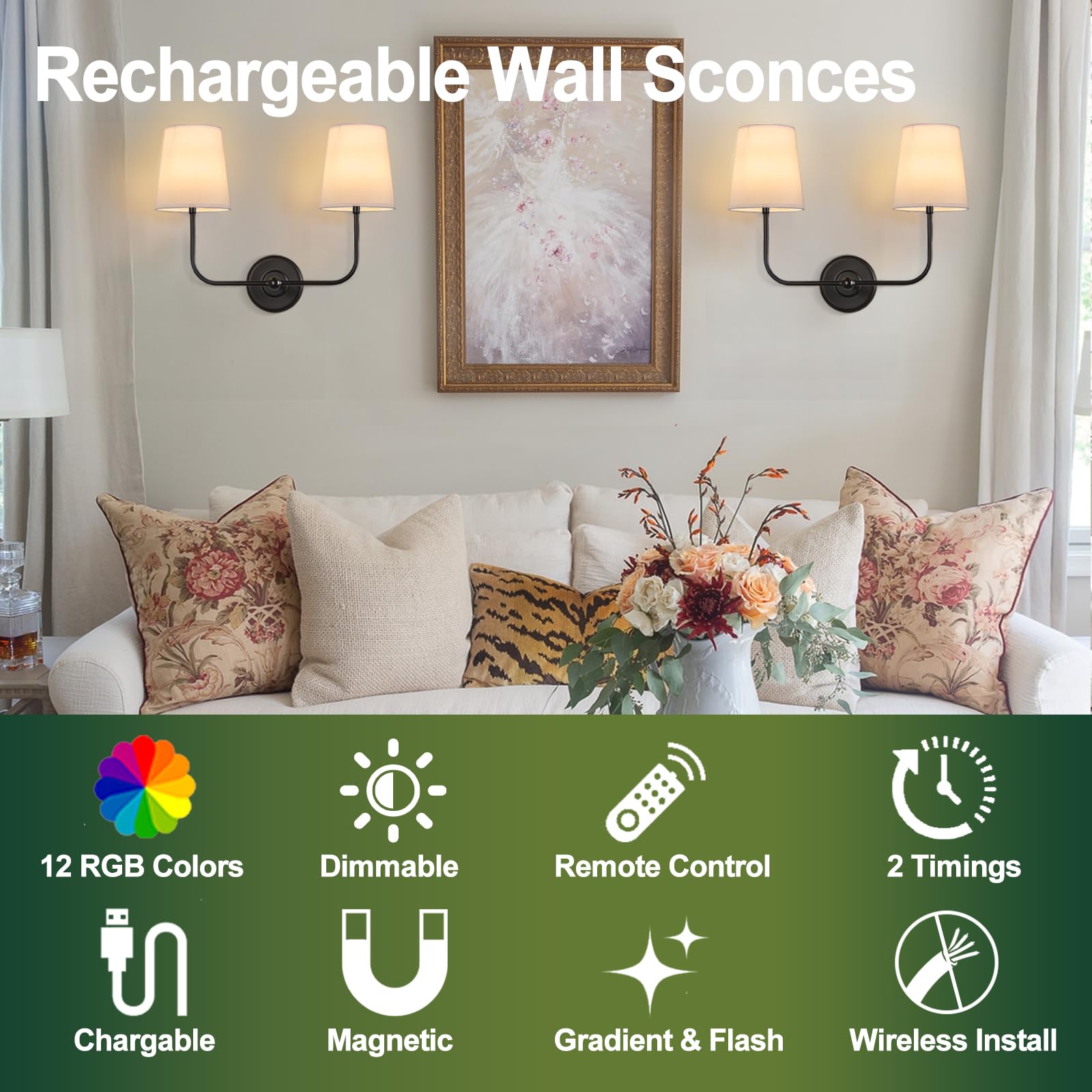 TERLEENART Battery Operated Double Wall Sconce, 2-Lights, Remote Control, Dimmable, Black, Model TER-701-01-DP
