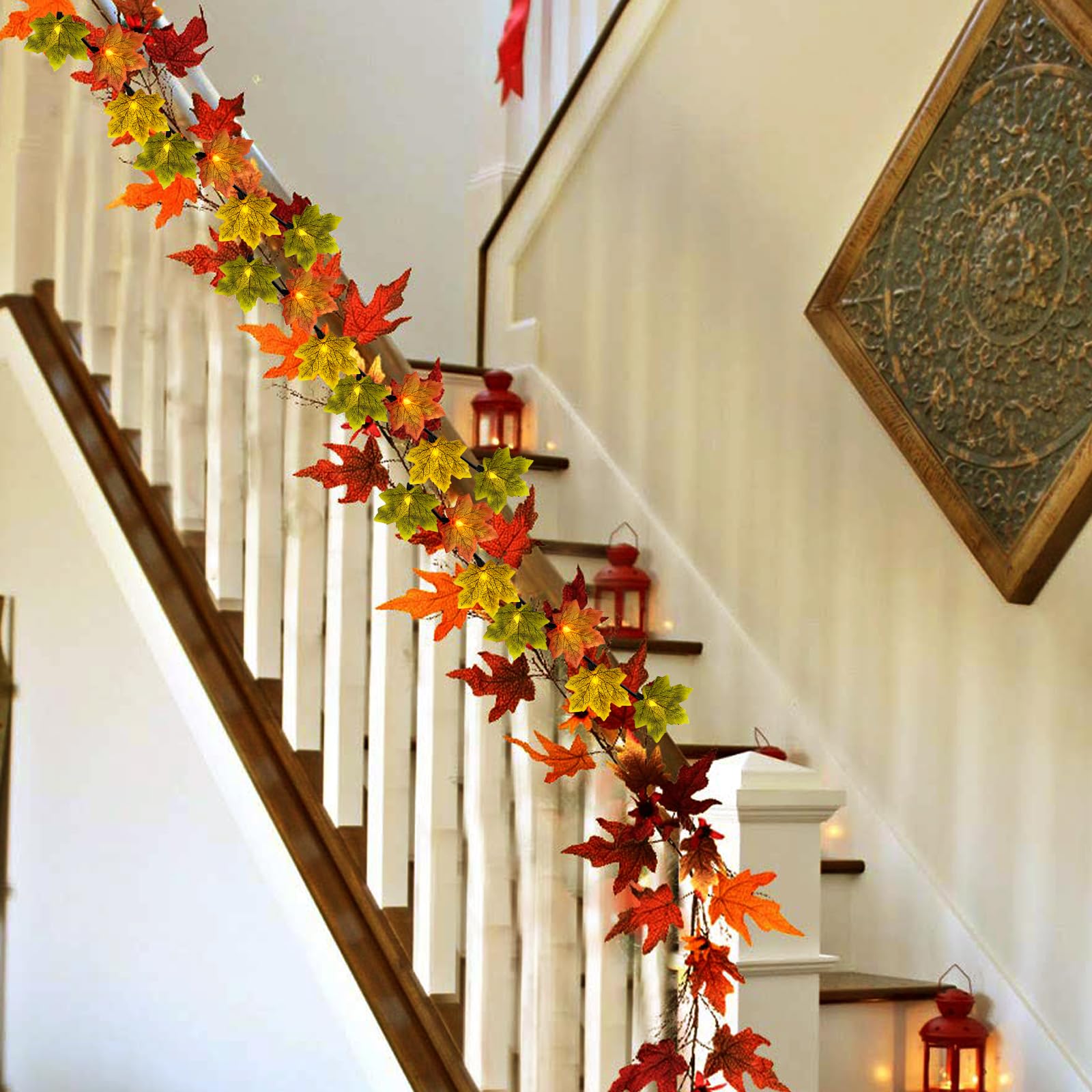Romasaty Fall Decor String Lights, 35 Maple Leaves, 13.6FT, LED, Orange/Yellow/Green, Model LRGC-35C002