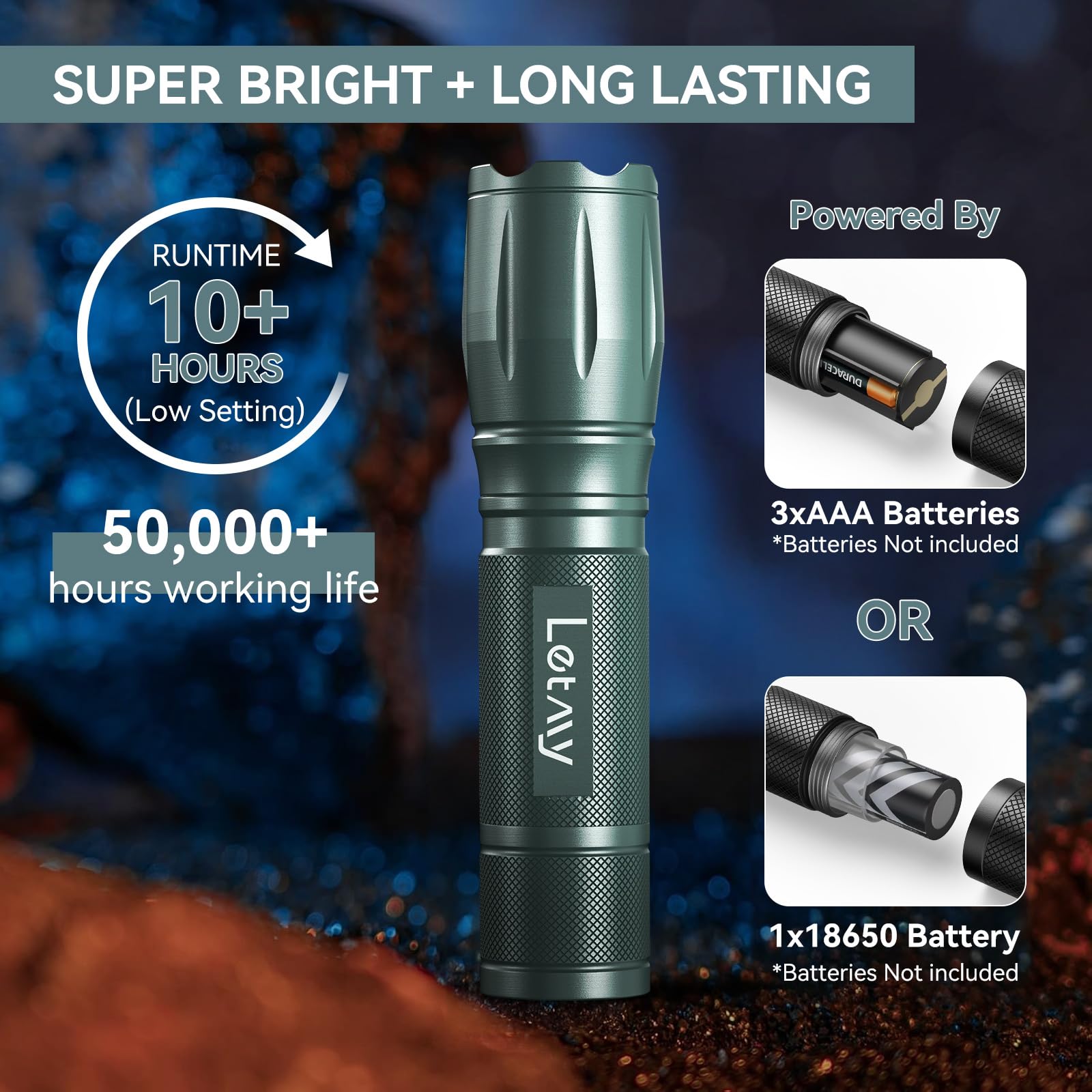 LETMY Tactical Flashlight 2 Pack - Bright LED, 5 Modes, Zoomable, Waterproof, Aluminum, Gray