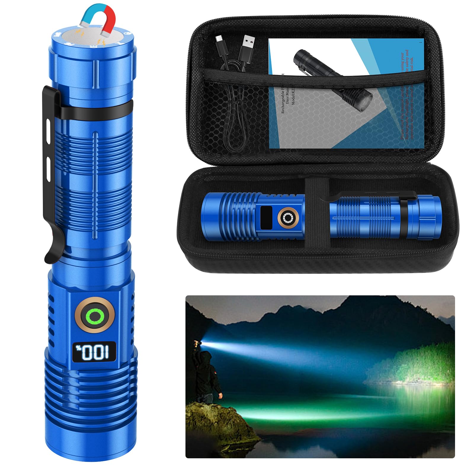 Spriak Rechargeable Flashlight High Lumens- Super Bright Magnetic Flash Light with Power Digital Display, Long Range,Dimmable,Wa