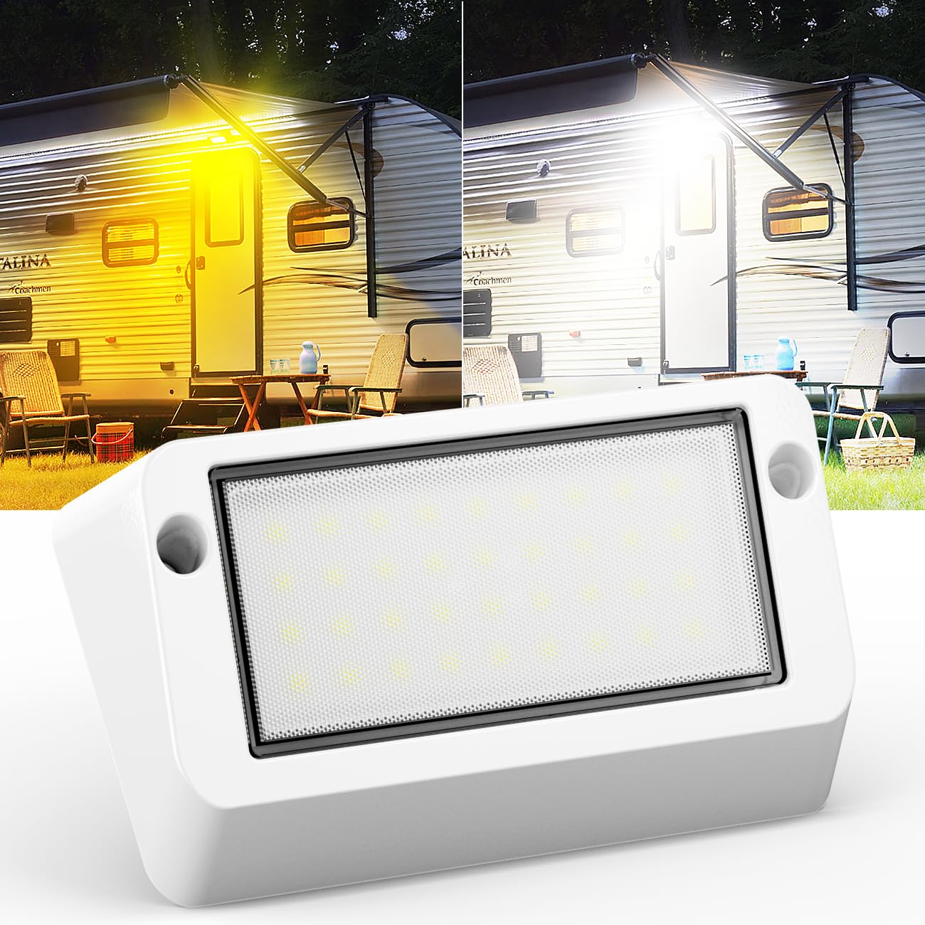 Safoner Aluminum RV LED Porch Light, 1400LM, Dual Color Switchable White & Amber, IP67 Waterproof, 12-30V DC, White Housing, 1 Pack