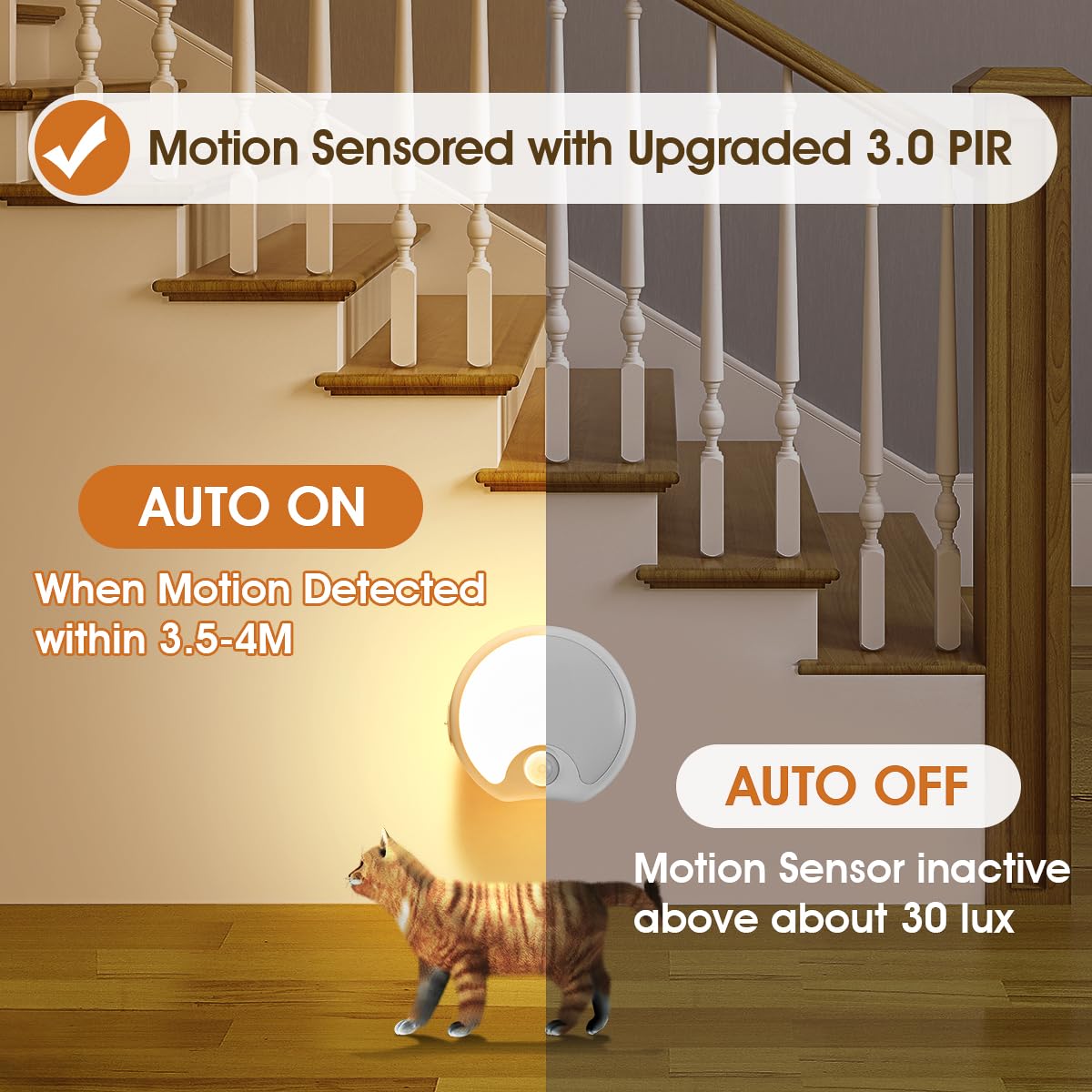Motion Sensor Light Indoor Rechargeable 3Pack,65 Lumen+3 Modes Sensor Lights Indoor, Just-Stick-It Stairs Lights,Rechargeable Mo