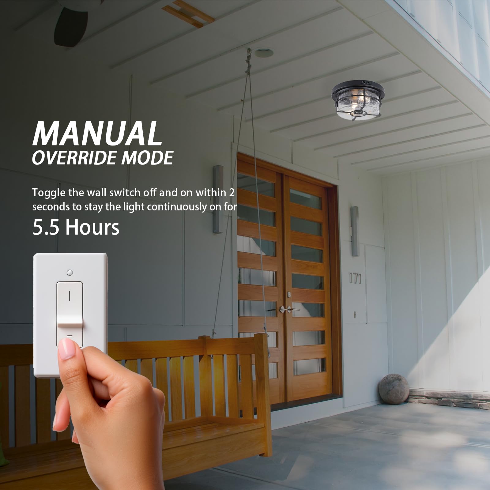 CALOKES Motion Sensor Outdoor Ceiling Light - Black Metal, Sleek Round Design, Seeded Clear Glass, Model CL-MS-0002