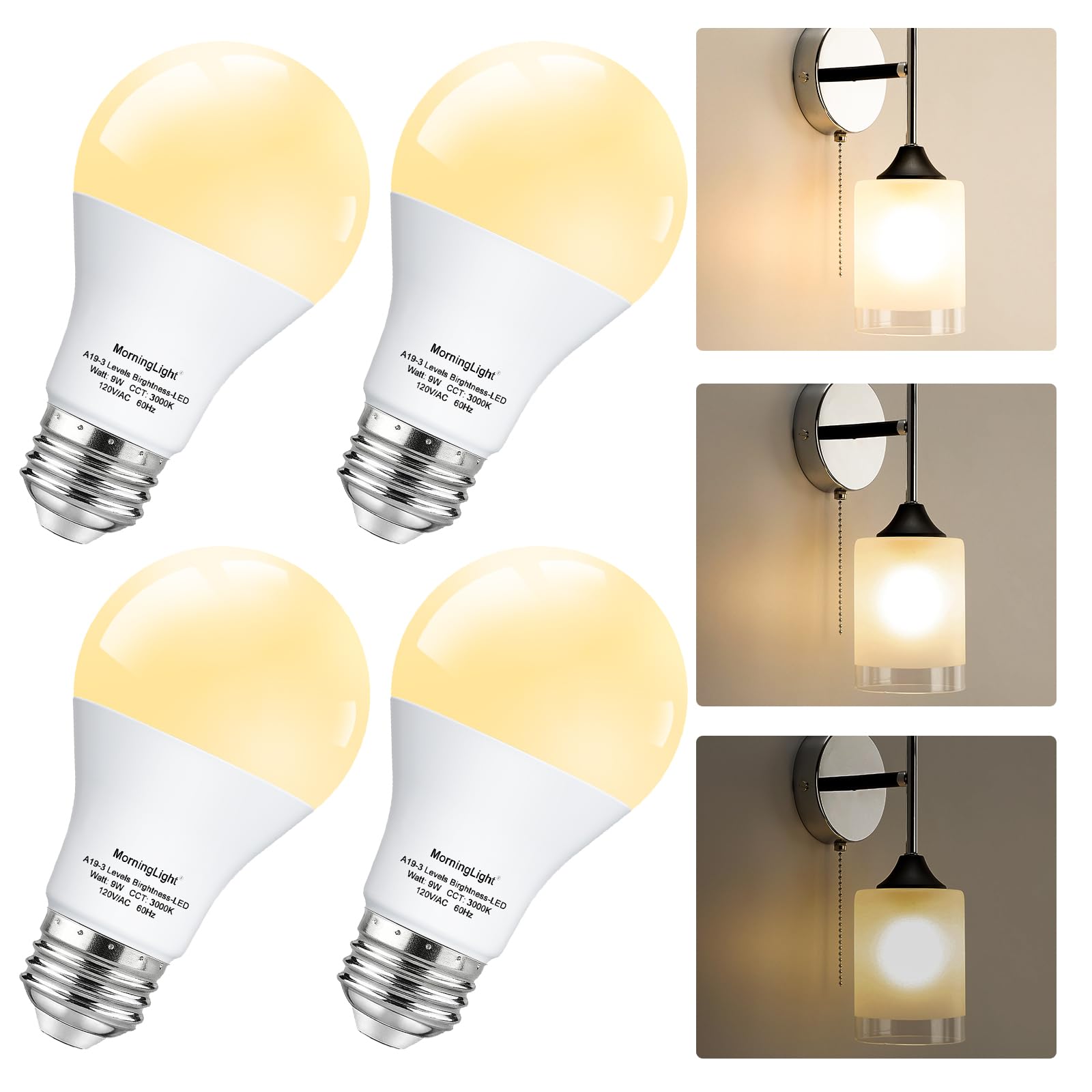 Morninglight A19 Led Light Bulbs 3000K Soft White, 9W E26 Light Bulb 3-Level Brightness(Low/Mid/High), Equivalent 15/40/60 Watt,
