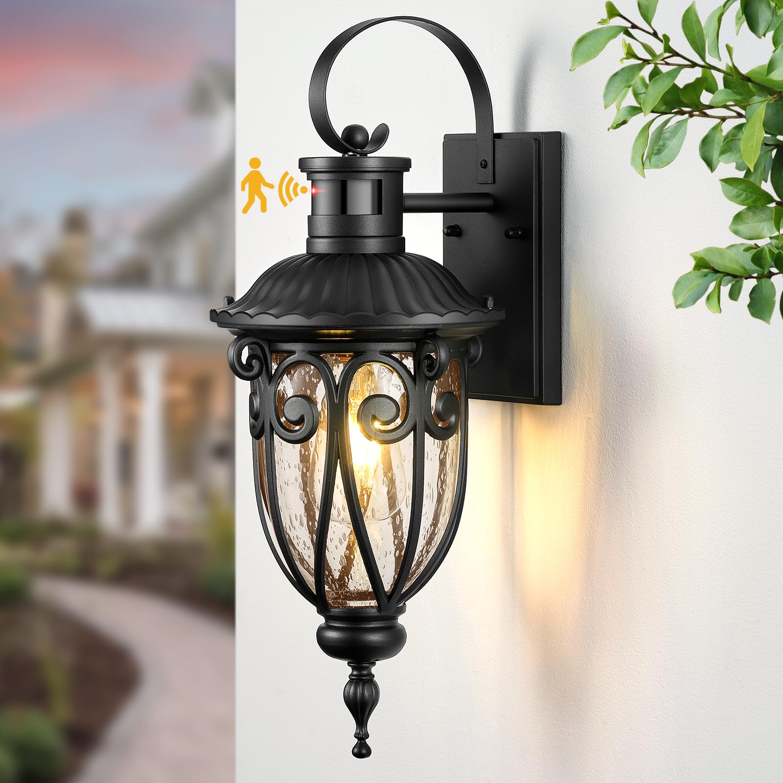 VIANIS Motion Sensor Outdoor Lights, Black Motion Lights for Outside, Dusk to Dawn Outdoor Light Fixtures with Seed Glass, 100% 