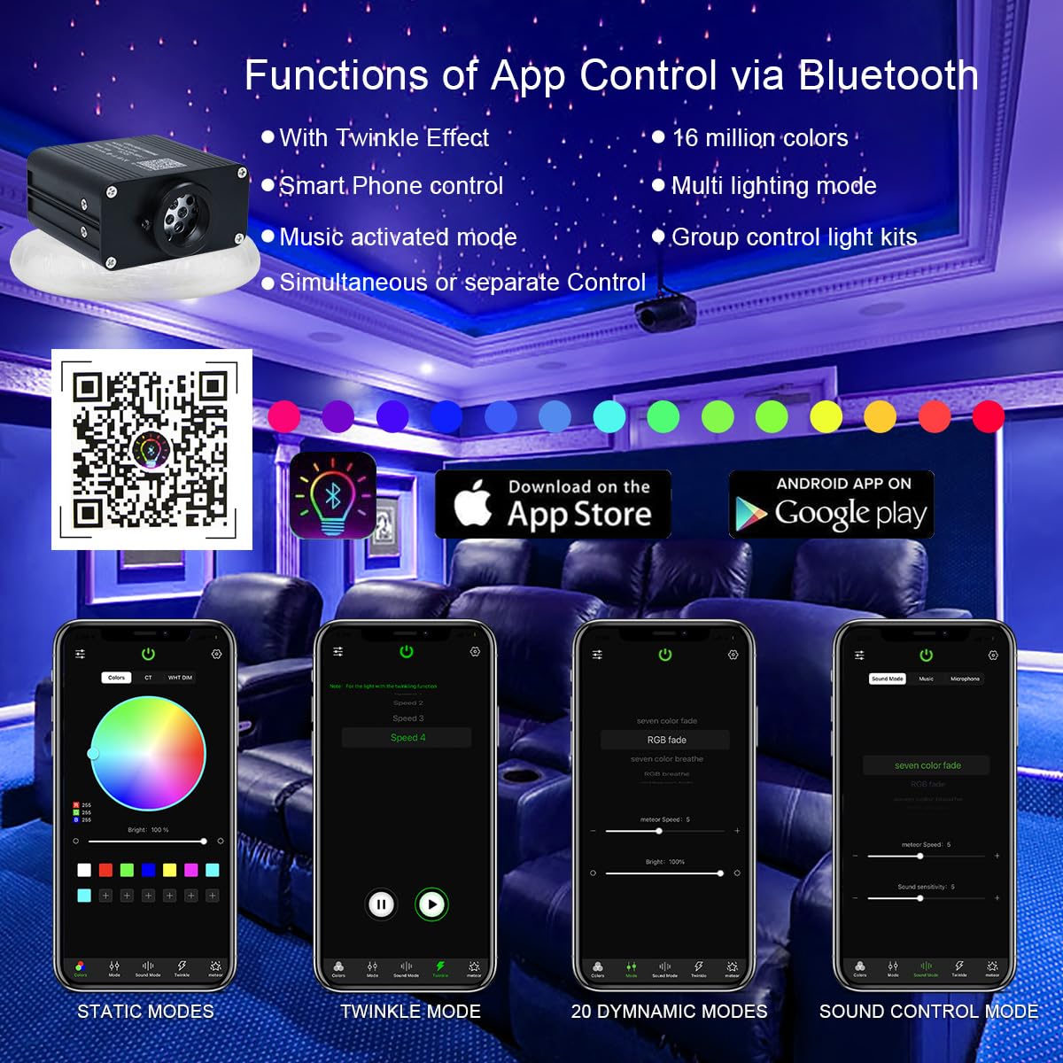 Akepo 16W Small Size Rgbw App Twinkle Fiber Optic Light Kit, Mixed 295Pcs 9.8Ft/3M Optical Fiber Star Music Activated Ceiling Li