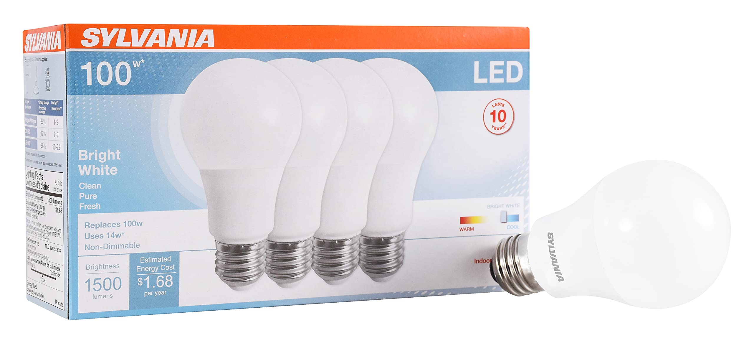 Sylvania Led Light Bulb, 100W Equivalent A19, Efficient 14W, Frosted Finish, 1500 Lumens, Bright White - 4 Pack (78102)