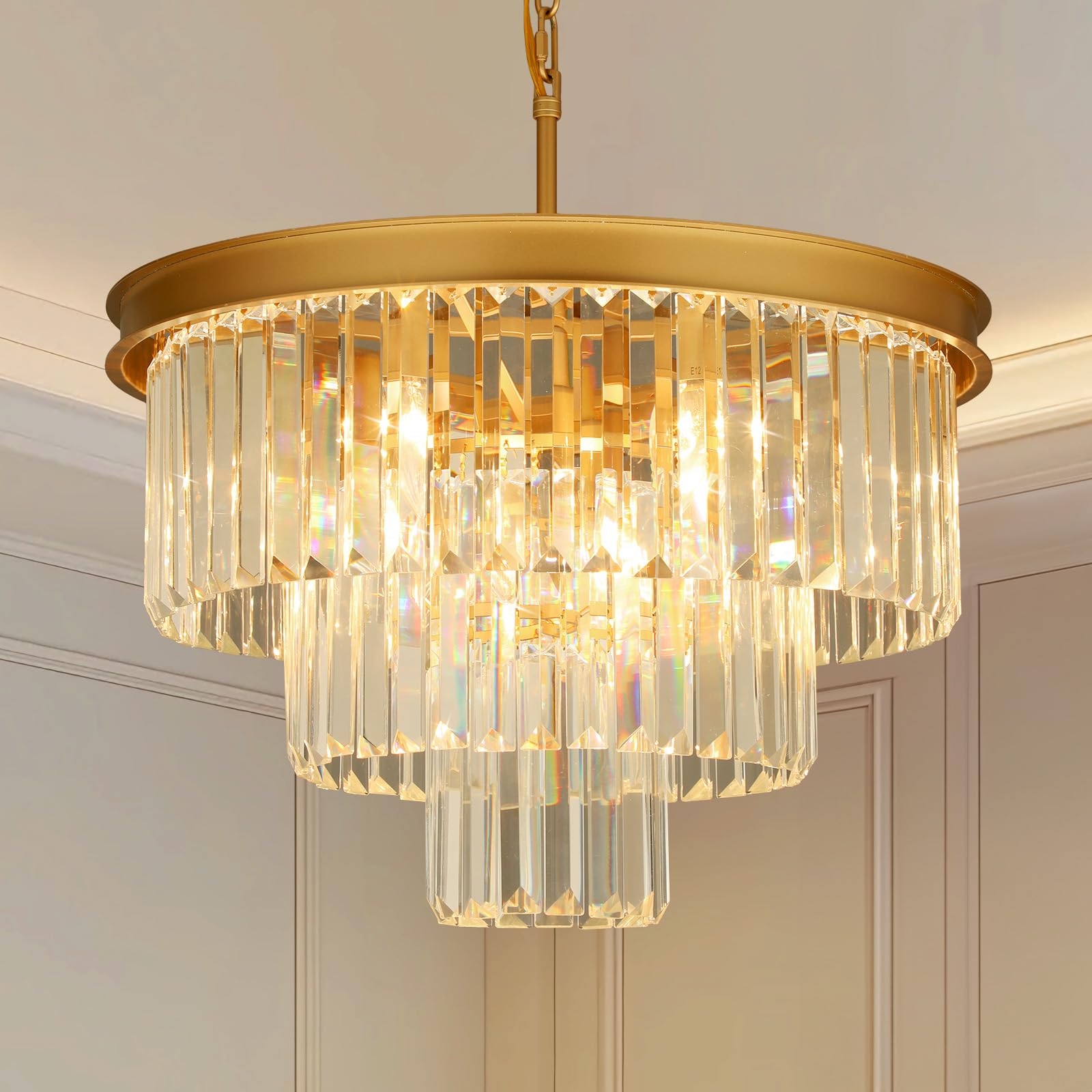 Weesalife Crystal Chandeliers For Dining Room Lights Fixtures  9 Lights Gold Modern Chandeliers For Bedroom  3-Tier Round Crystal Lighting Fixtures For Living Room Entryway Kitchen Island D20 Inch