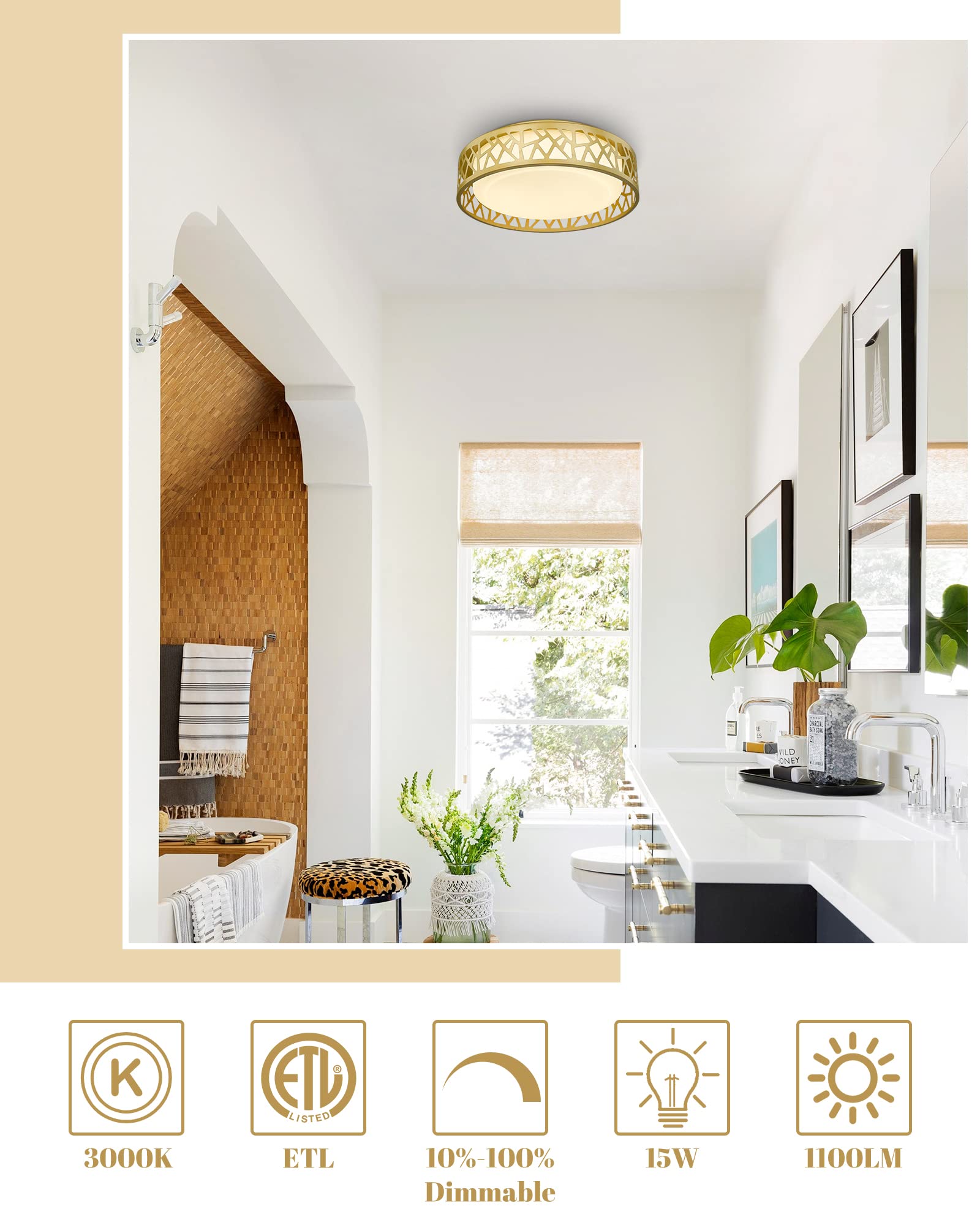 Vicnie Led Flush Mount Ceiling Light, 12 Inch 15W 1100 Lumens Close To Ceiling Light Fixtures, 3000K Warm White, Gold Finish Wit