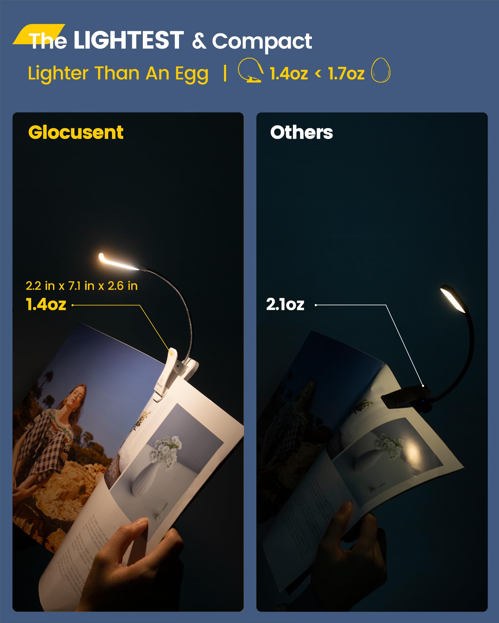 Glocusent Willow Book Light, 10Led, 3 Colors & 3 Brightness, Rechargeable, Lightweight, Clip On, Modern Design, Pure White, Abs