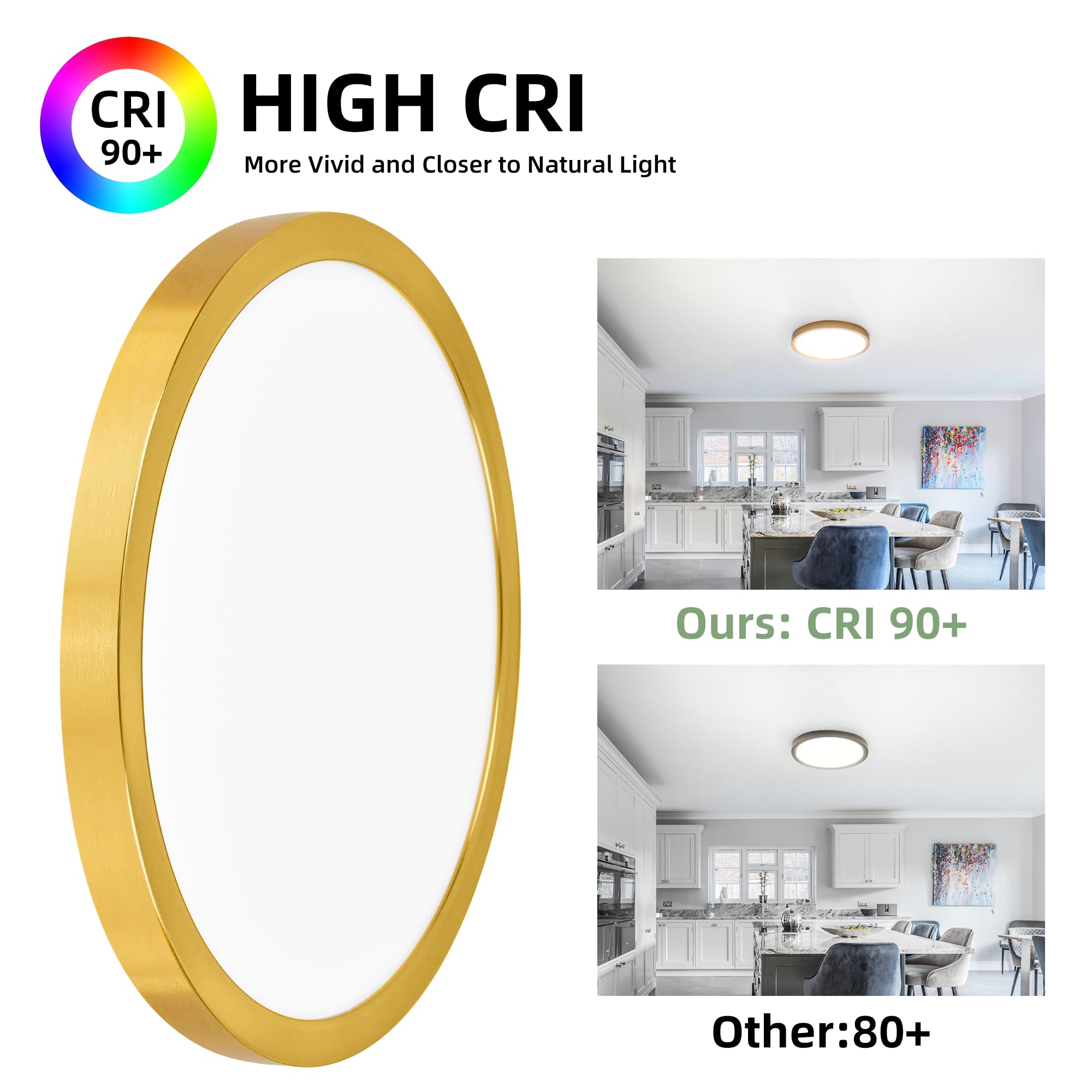 hykolity LED Round Flat Panel Light, 12 Inch, 24W, Selectable CCT 3000K/4000K/5000K, Edge-Lit, Gold,