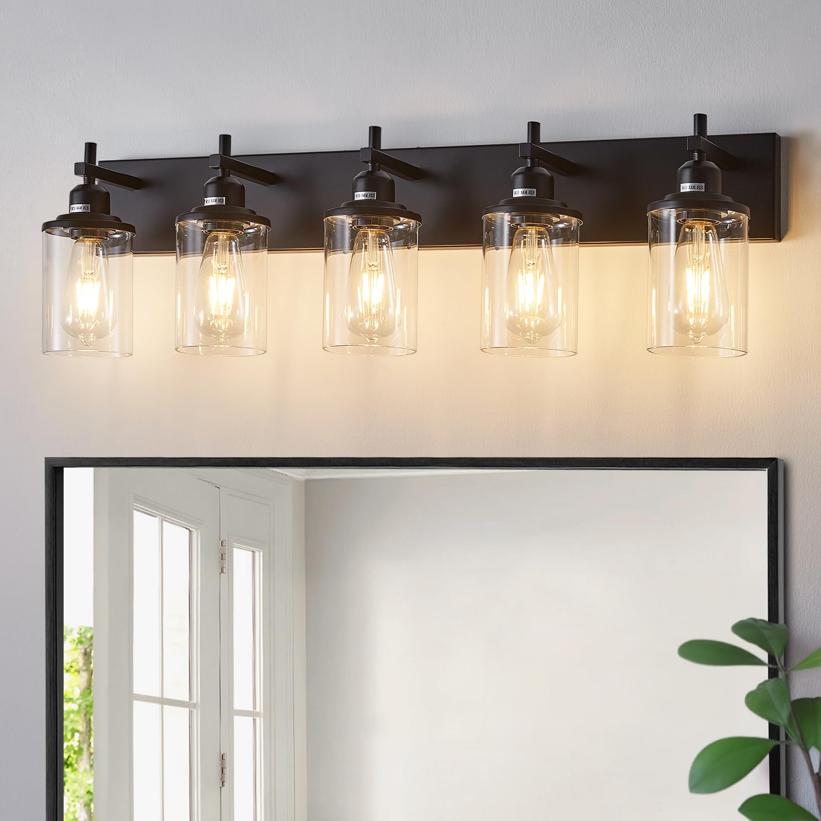 Lanhall 5-Light Black Bathroom Light Fixture Over Mirror Modern Farmhouse Bathroom Vanity Light Vintage Wall Lighting With Clear