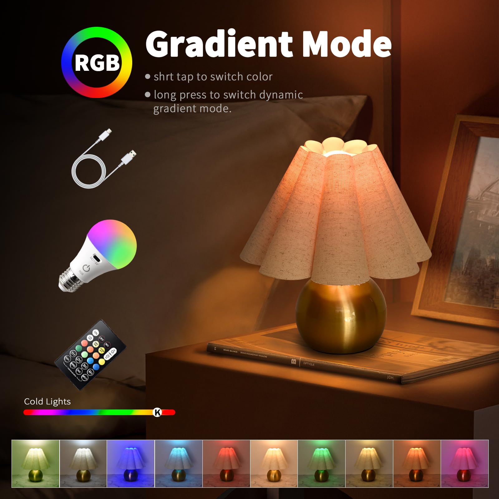 Ziqqeelam Rechargeable Crodless Small Table Lamp, Battery Operated Remote Control Gold Mini Table Lamps for Bedroom Nightstand,