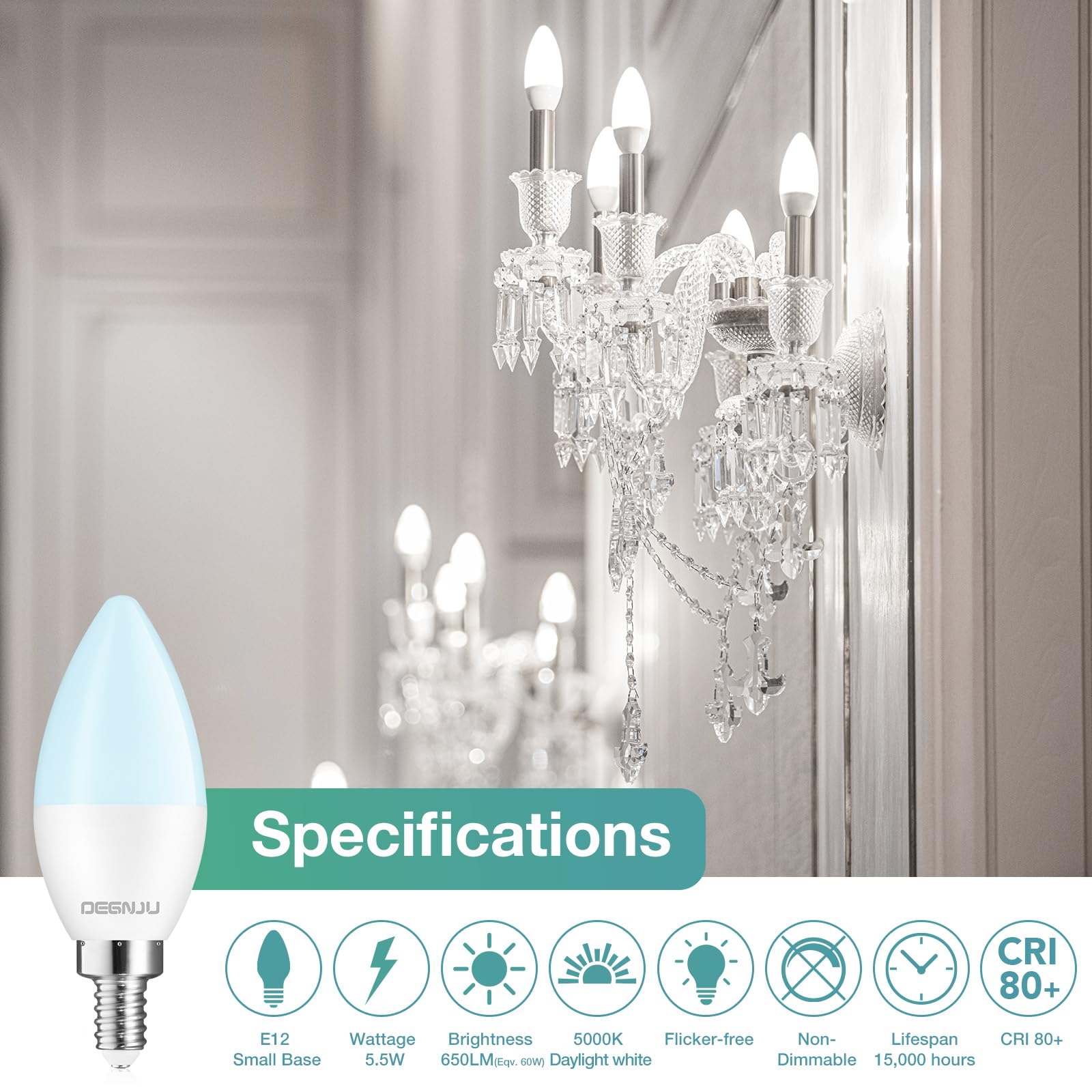 Degnju 60 Pack Chandelier Light Bulbs, 60 Watt Equivalent, 5.5W E12 Led Candelabra Light Bulbs, Daylight White 5000K B11 Ceiling