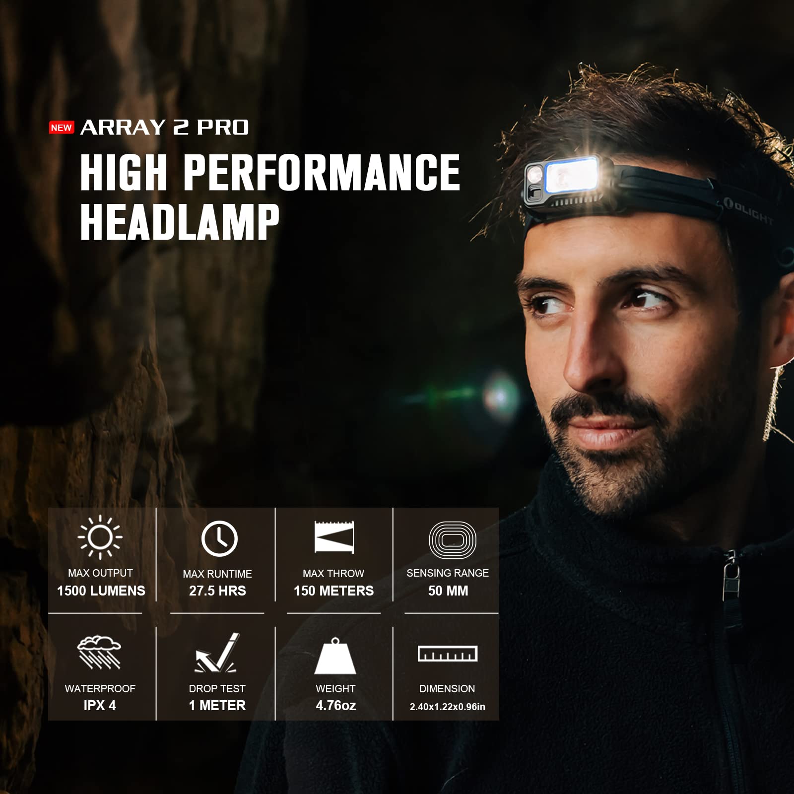 OLIGHT Array 2 Pro Headlamp 1500 Lumens with Red Light, USB-C Rechargeable, Motion Sensor, Black